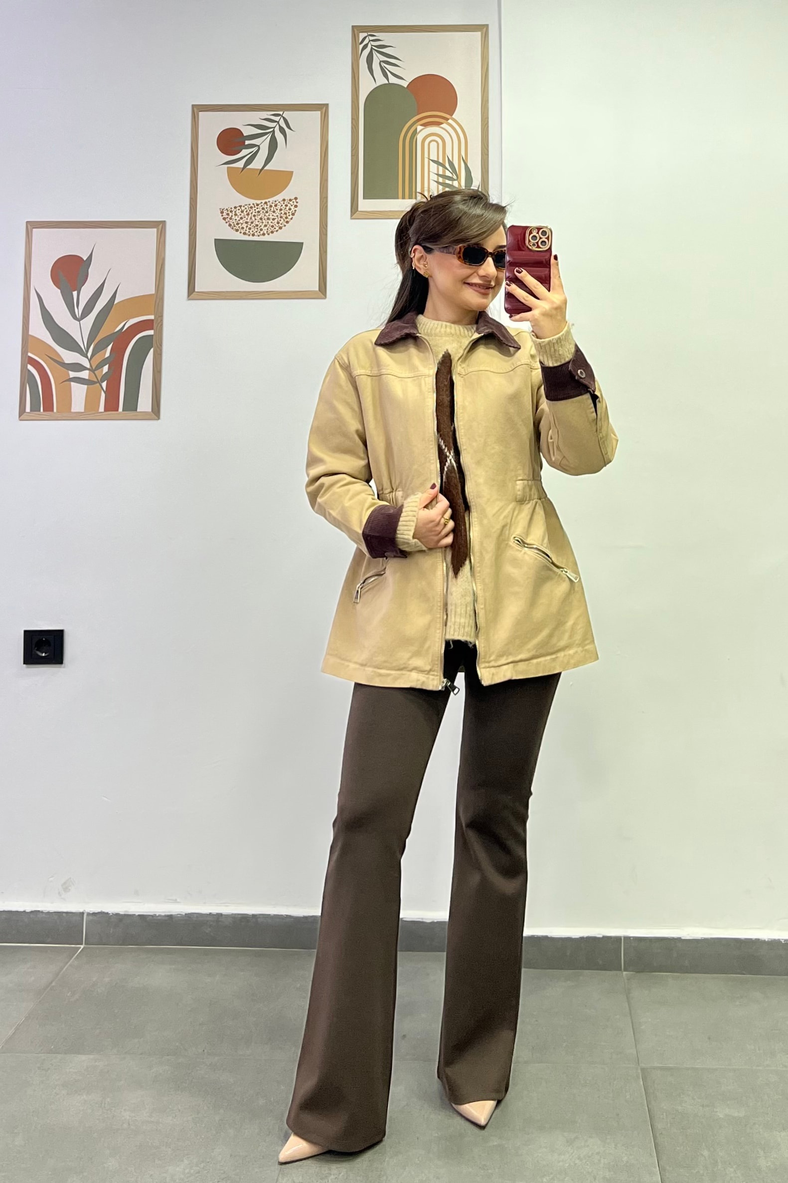 Yakası Ve Kolları Fitilli Kadife Beli Lastik Detaylı  - CAMEL