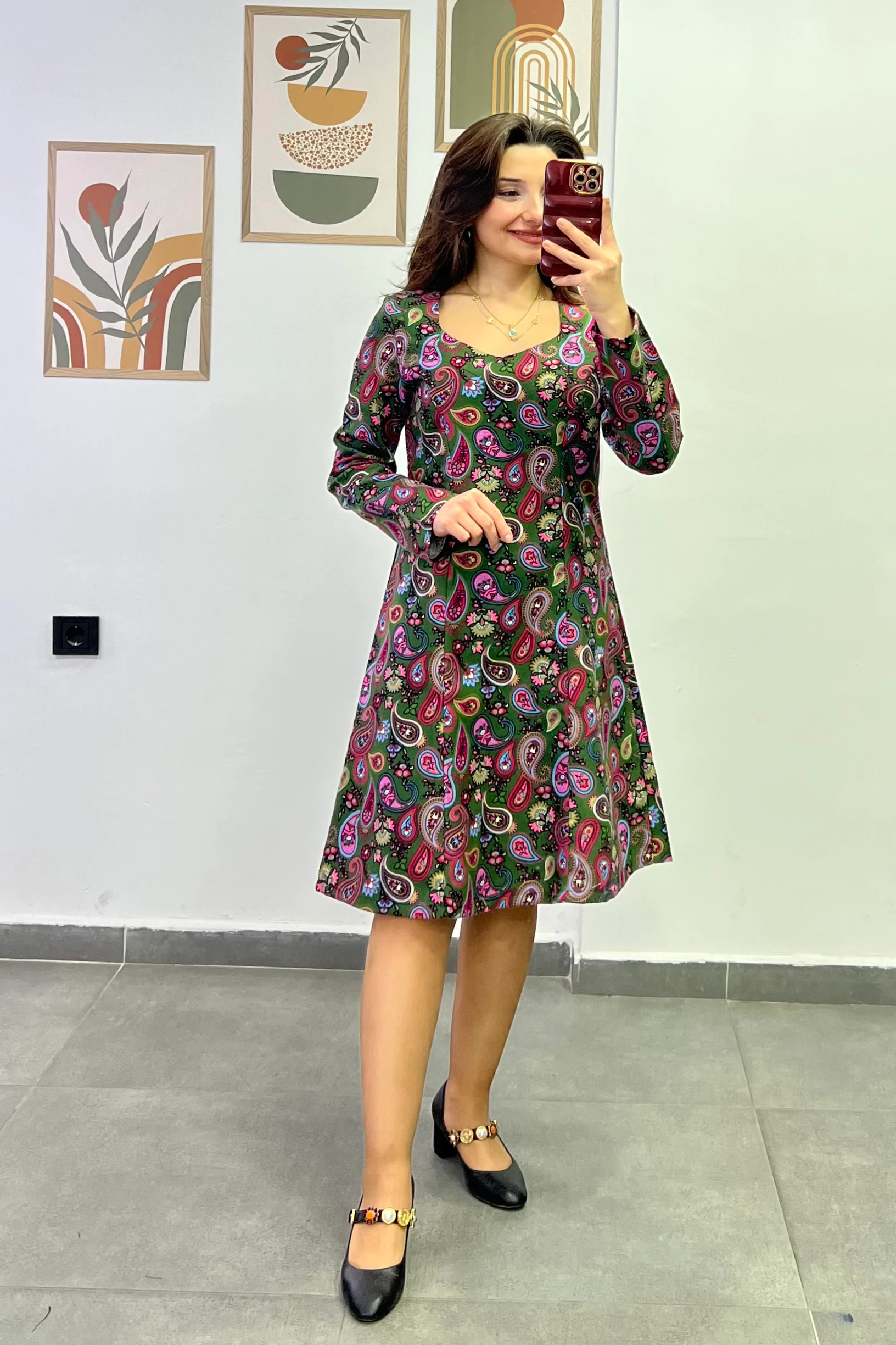 Roma Yaka Arkası Fermuarlı Pazen Kumaş Elbise  - PEMBE HAKİ