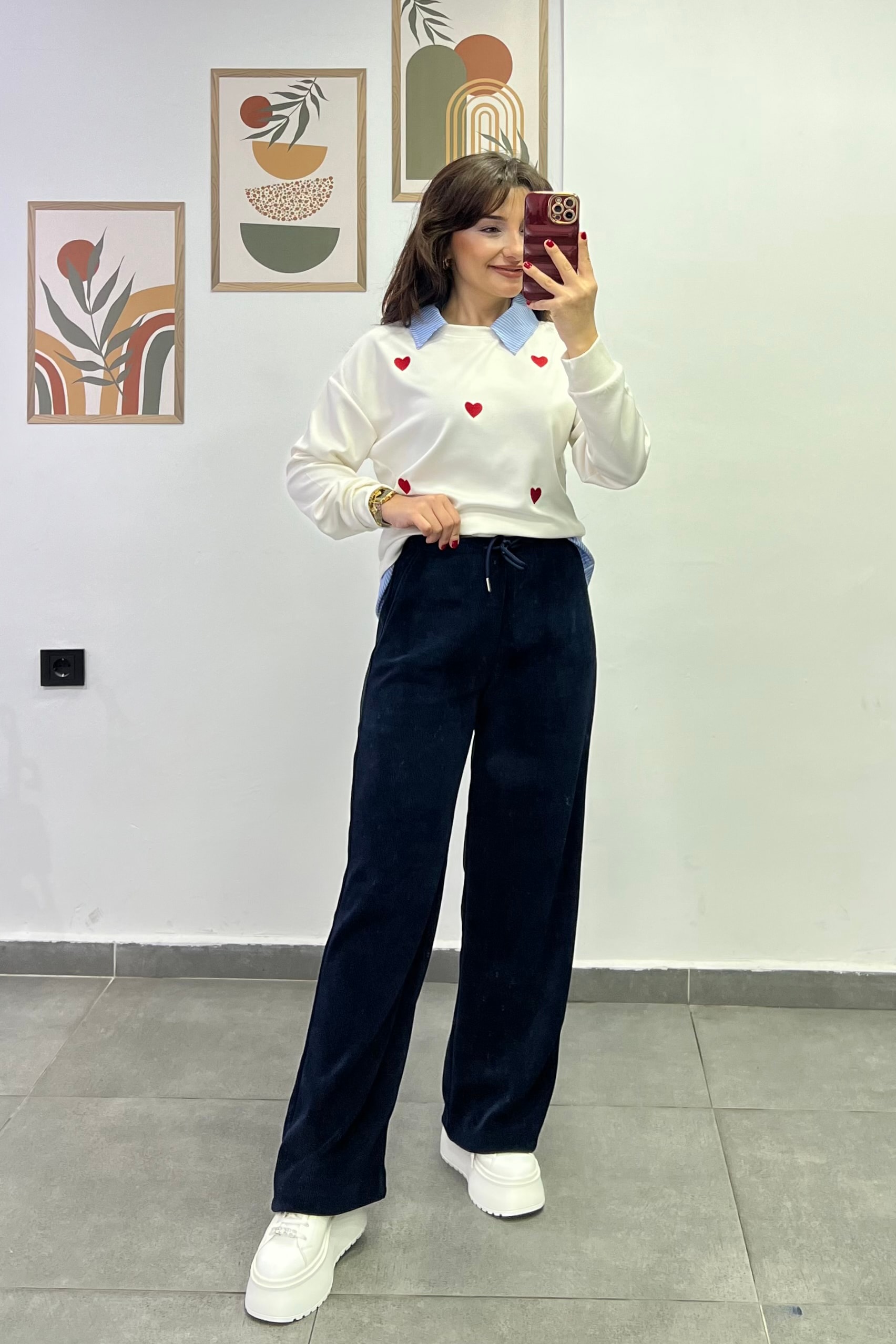 Beli Lastikli Cep Detaylı Bol Paça Fitilli Kadife Pantolon - LACIVERT