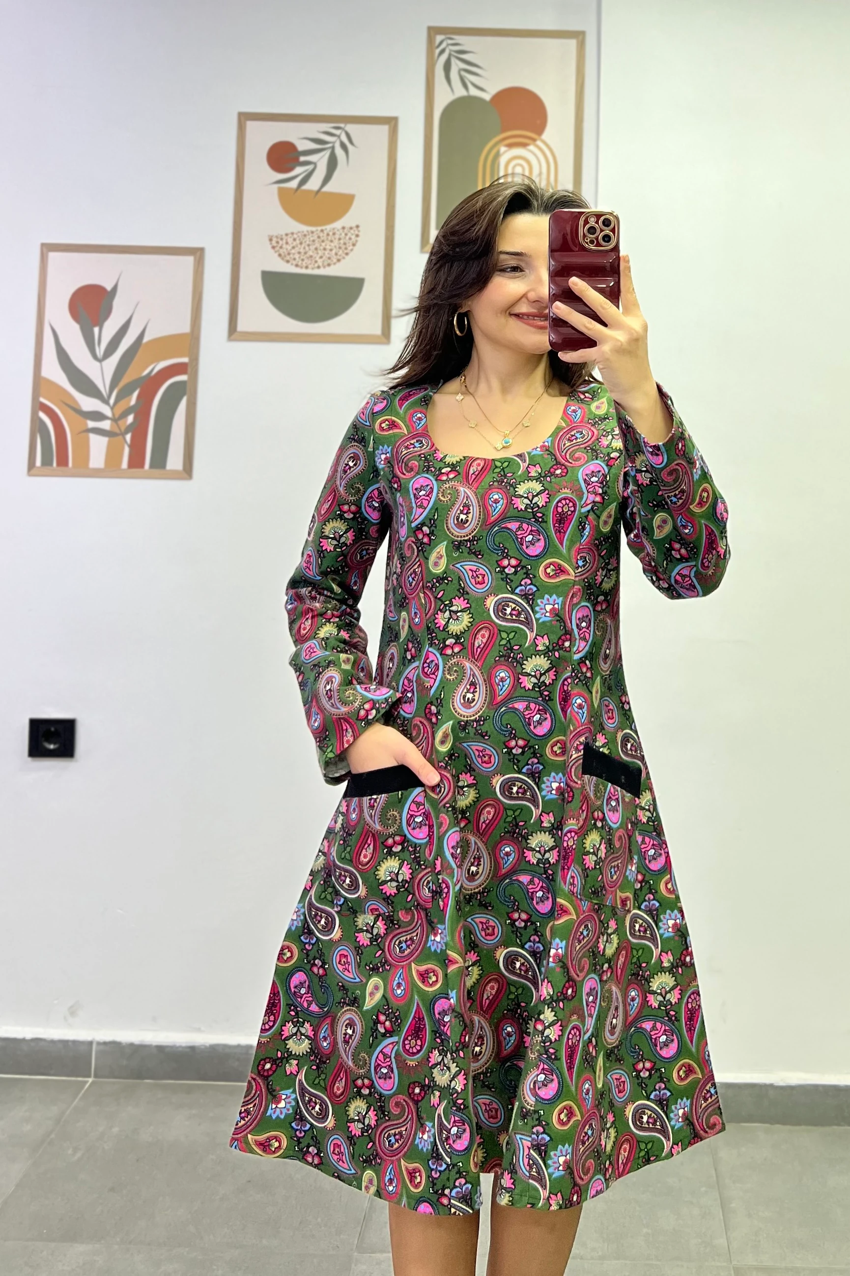 Oval Yaka Yanları Cep Detaylı Pazen Kumaş Çan Ebise - PEMBE HAKİ