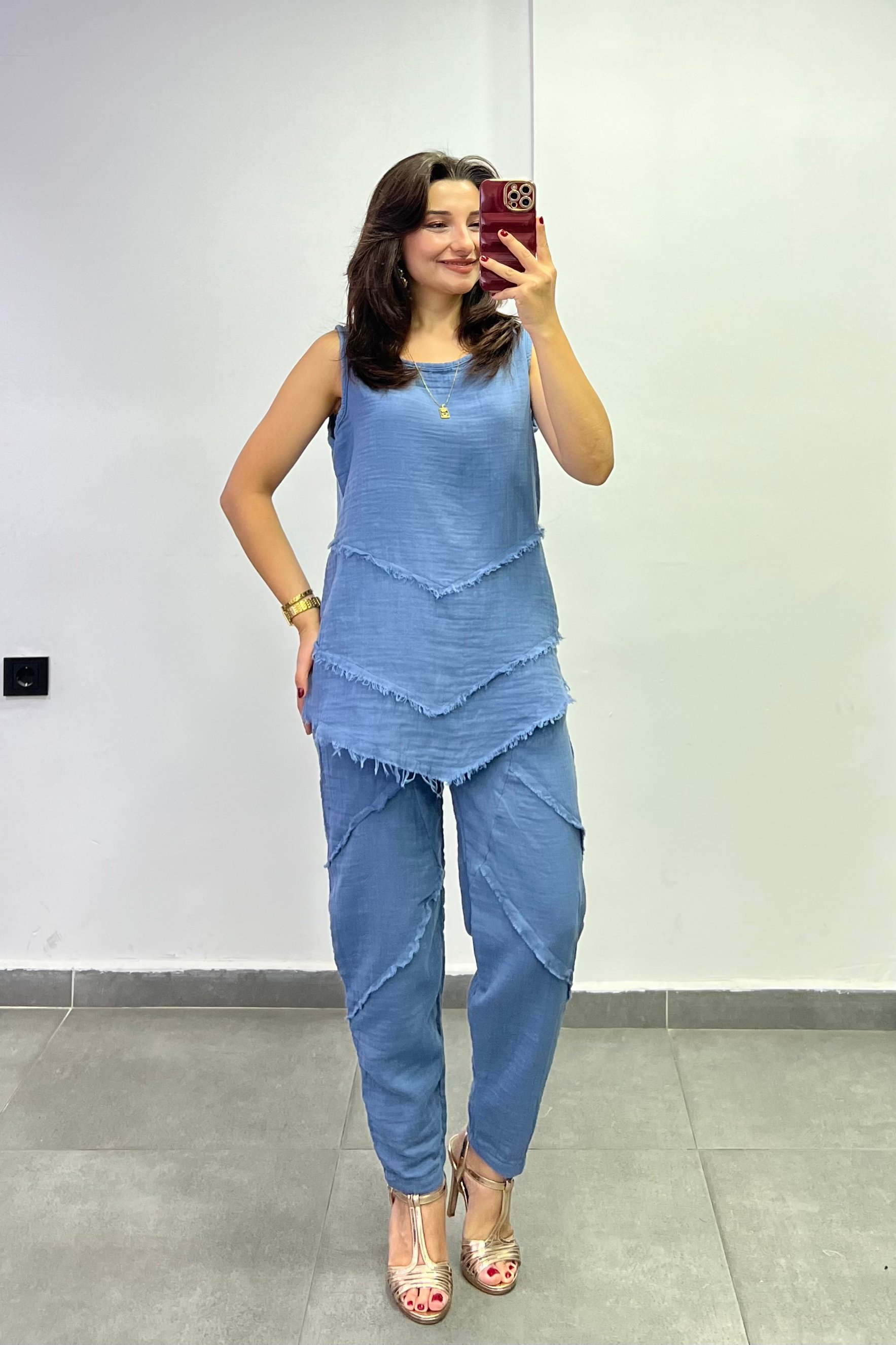 Beli Lastikli Cep Ve Dikiş Detaylı Müslin Kumaş Pantolon - MAVİ