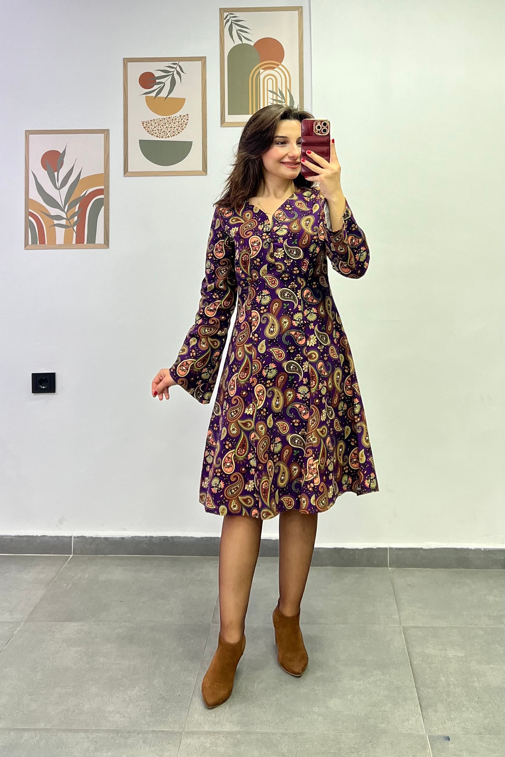 Damla Yaka Düğme Detaylı Pazen  Kumaş Çan Elbise - MOR