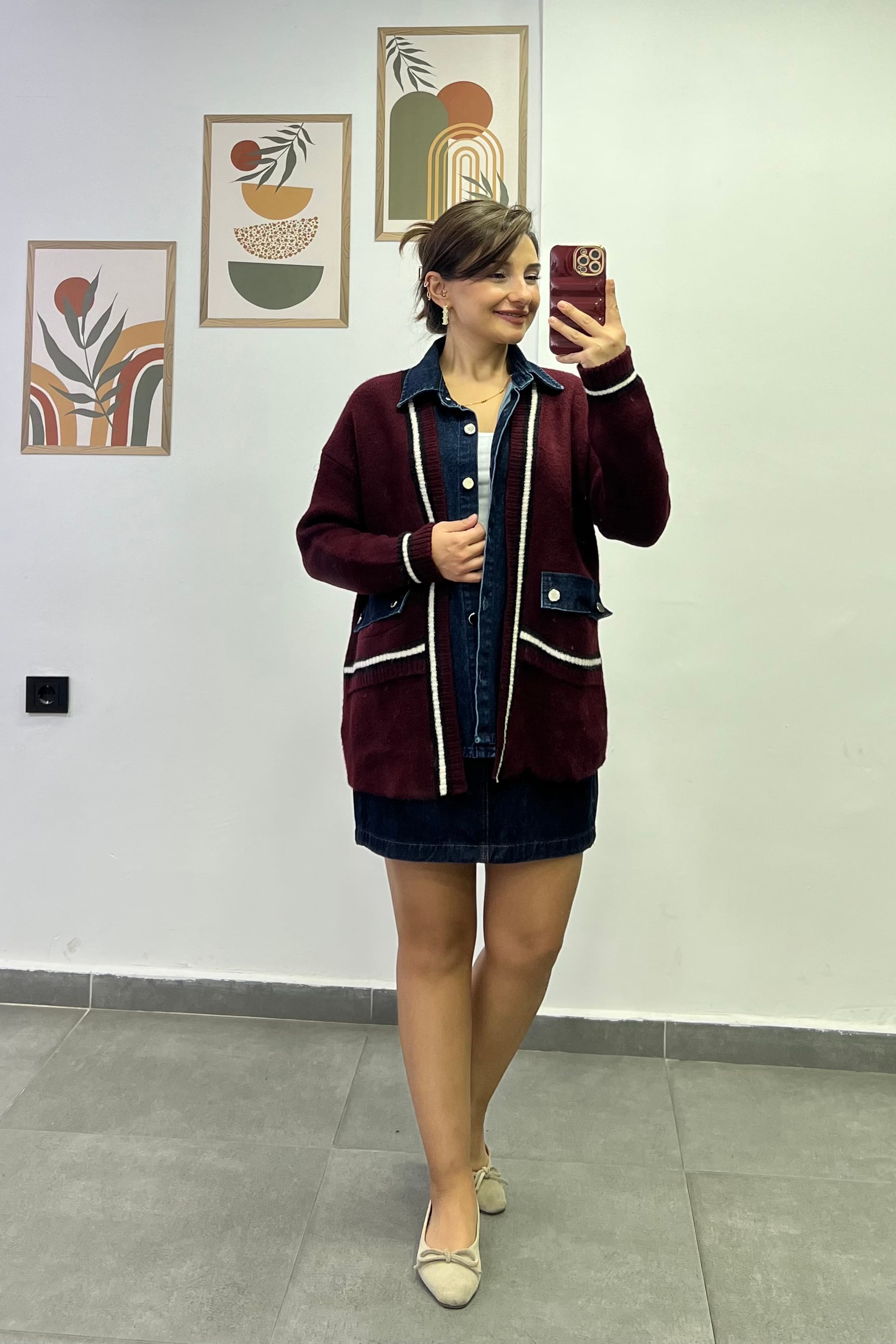 Yakası Önü Ve Cepleri Kot Kumaş Örgü  Ceket - BORDO