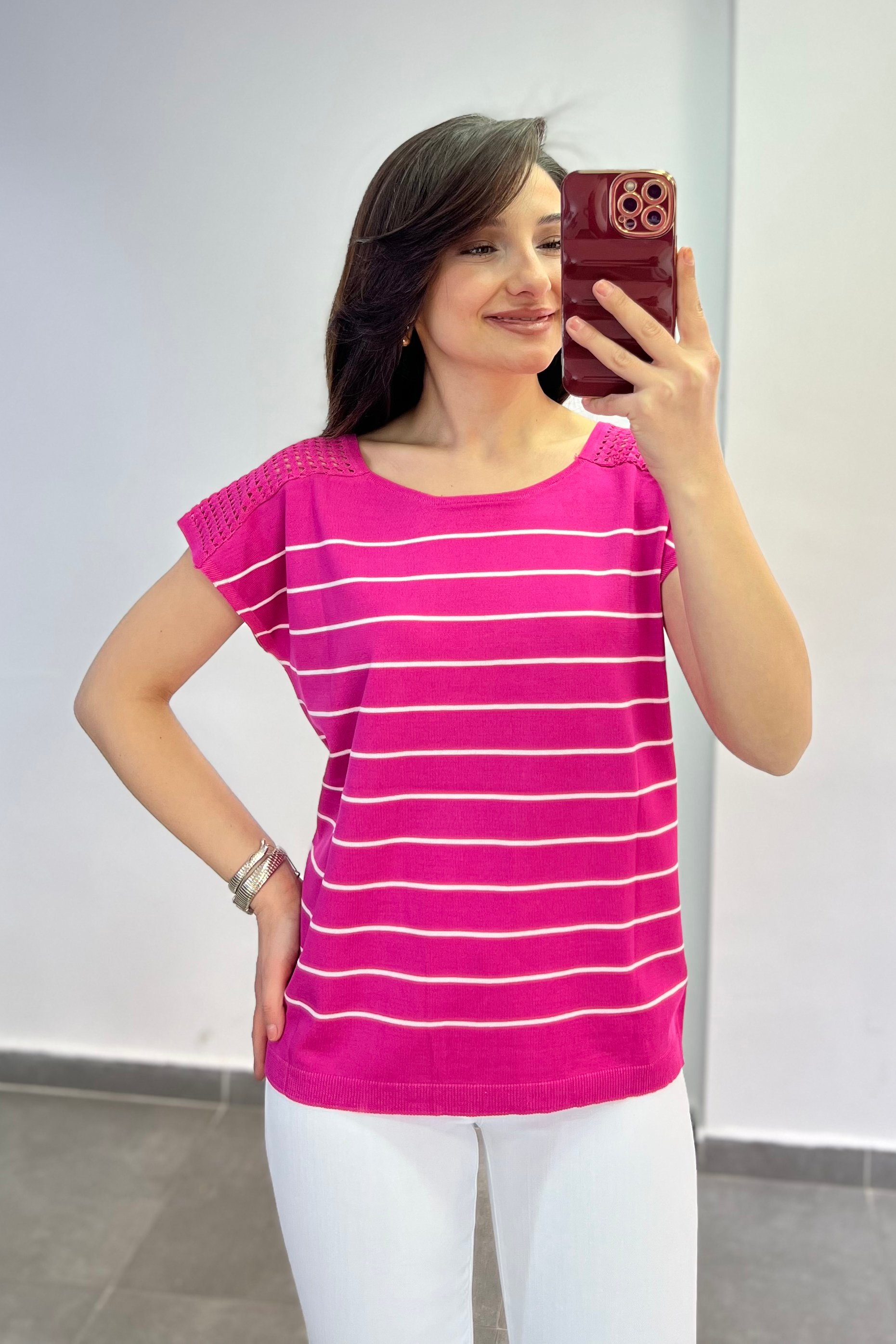 İki Omuzu Örme Detaylı Renkli Çizgili Triko - PEMBE