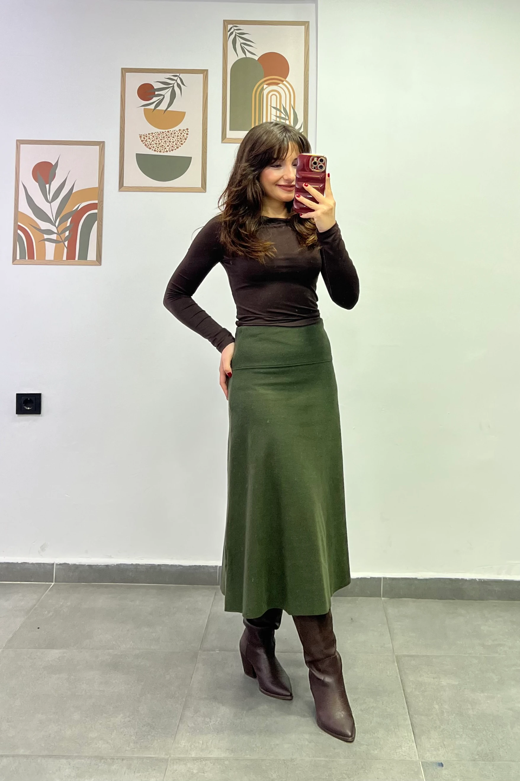 Beli Kalın Korsaj Detaylı Etek Ucu Kesik Selanik Kumaş Çan Etek - Haki