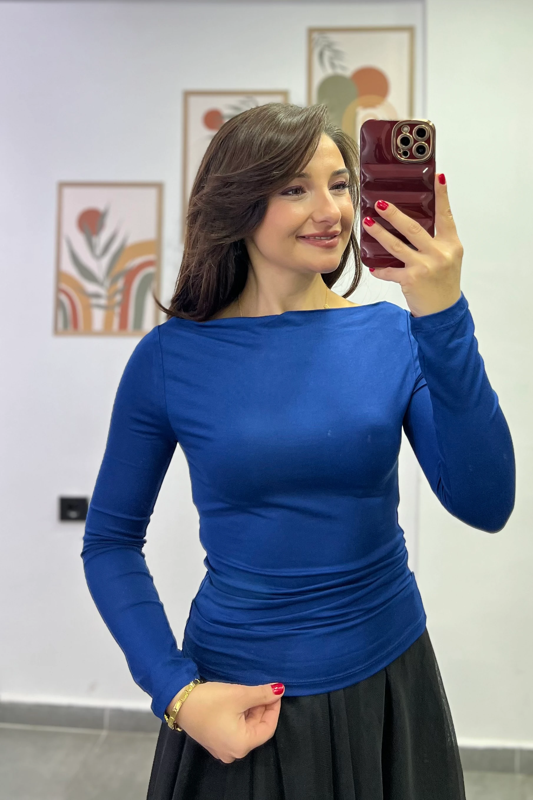 Kayık Yaka Yanları Drapeli Uzun Kollu Bluz