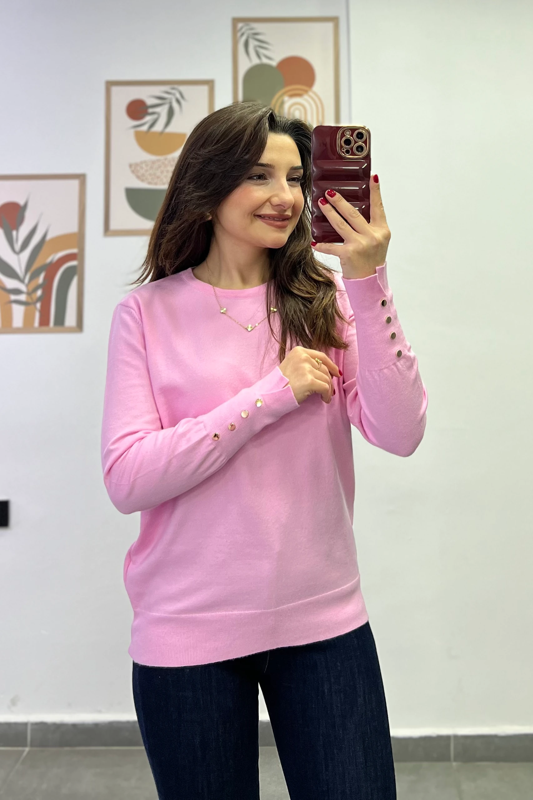 Kol Manşeti Gold Düğme Ve Yırtmaç Detaylı Triko - PEMBE