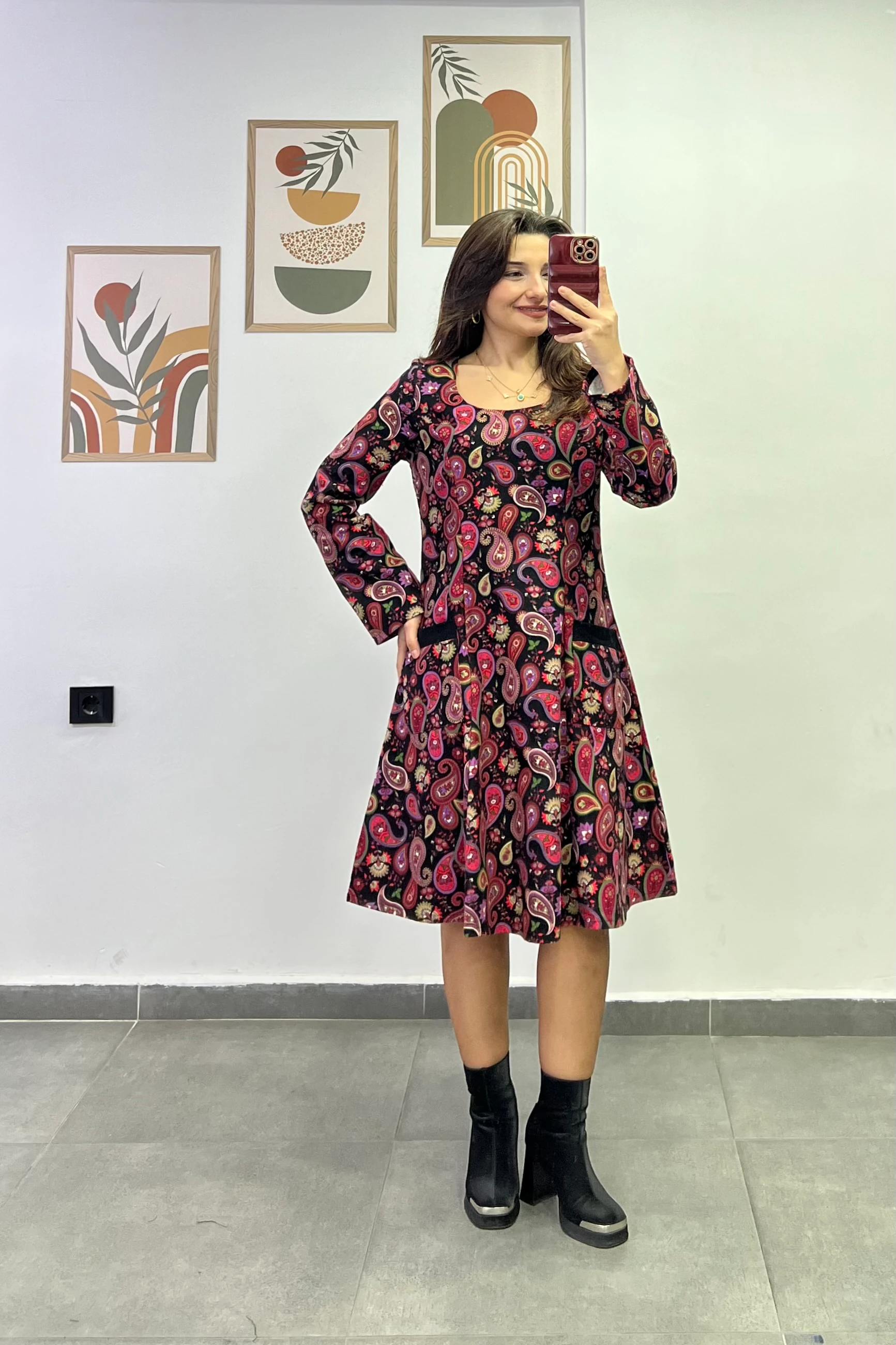 Oval Yaka Yanları Cep Detaylı Pazen Kumaş Çan Ebise - SİYAH MOR