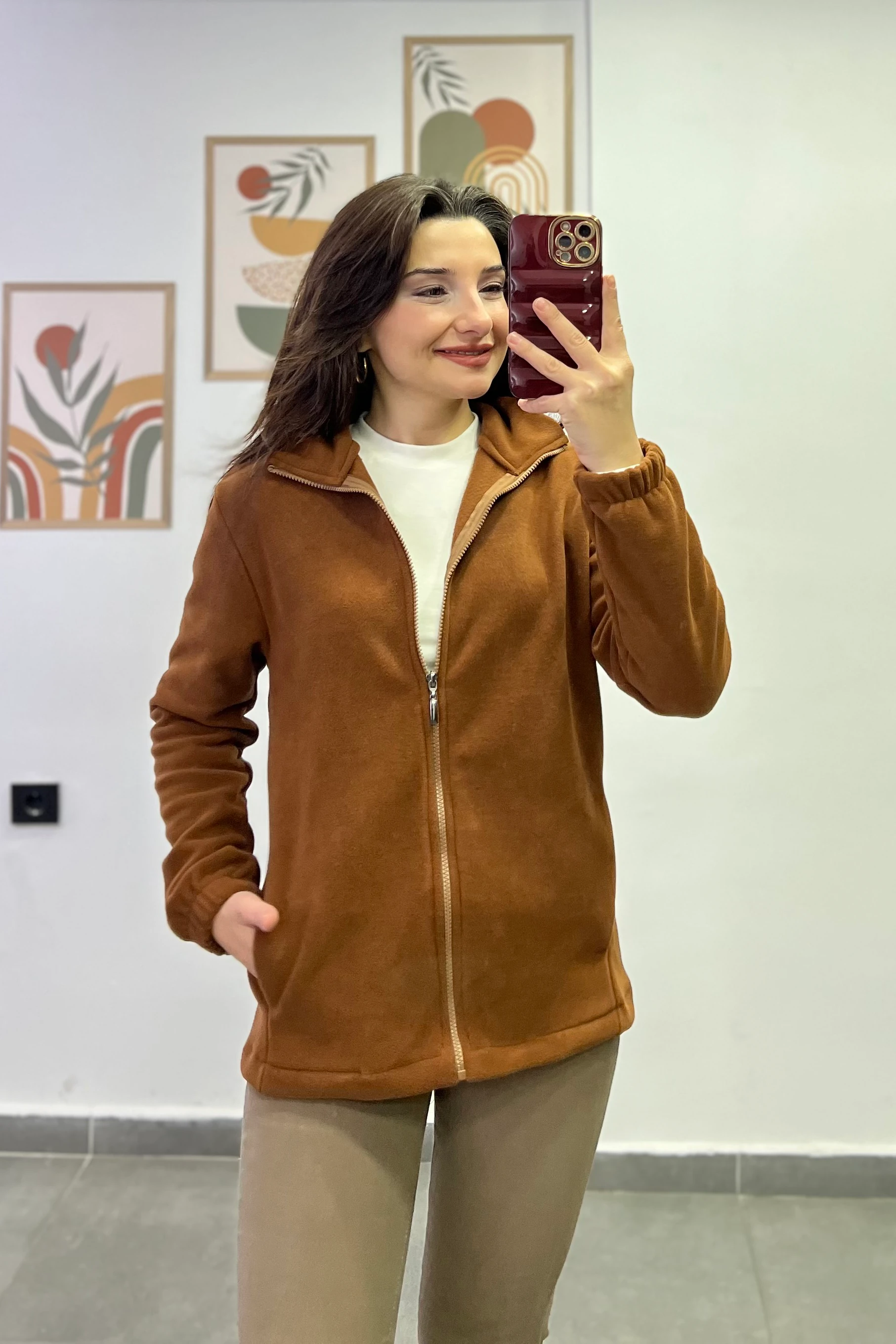 Kol Manşetleri Lastikli Fermuar Detaylı Cepli Polar Ceket - TABA