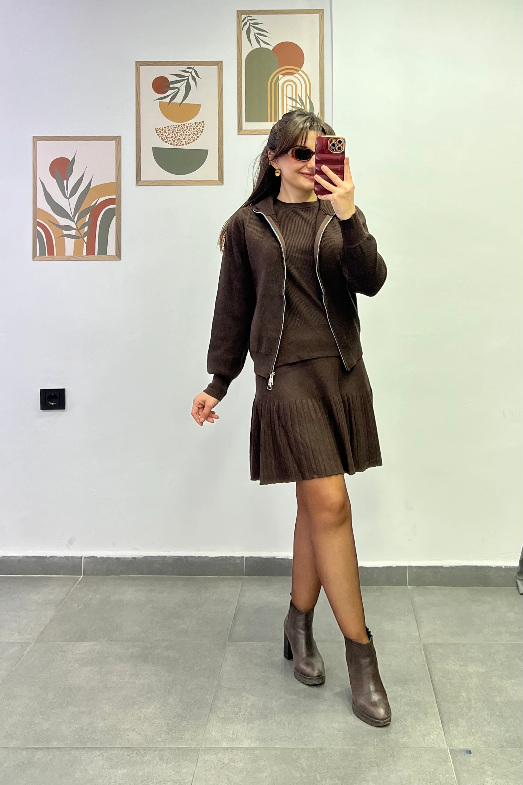 İçi Kısa Kollu Üzeri Fermuarlı Hırka Detaylı Etekli Triko Üçlü Takım