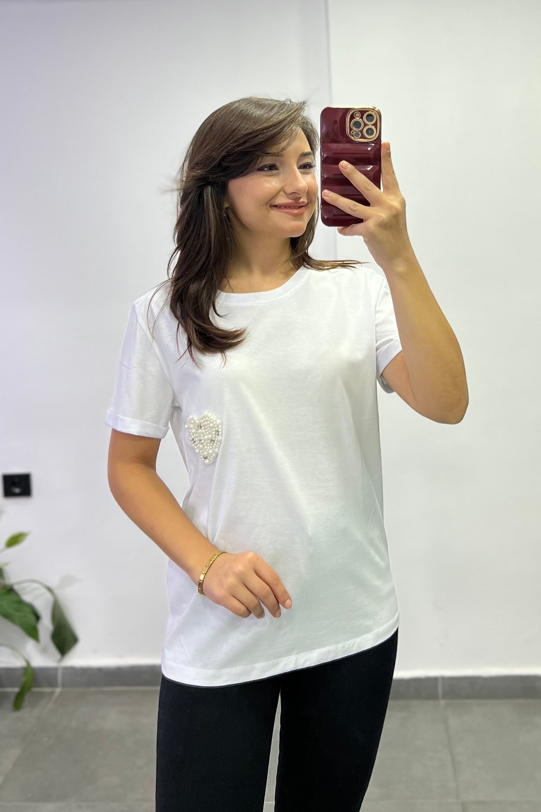 İnci Detaylı Pamuklu Tshırt - BEYAZ