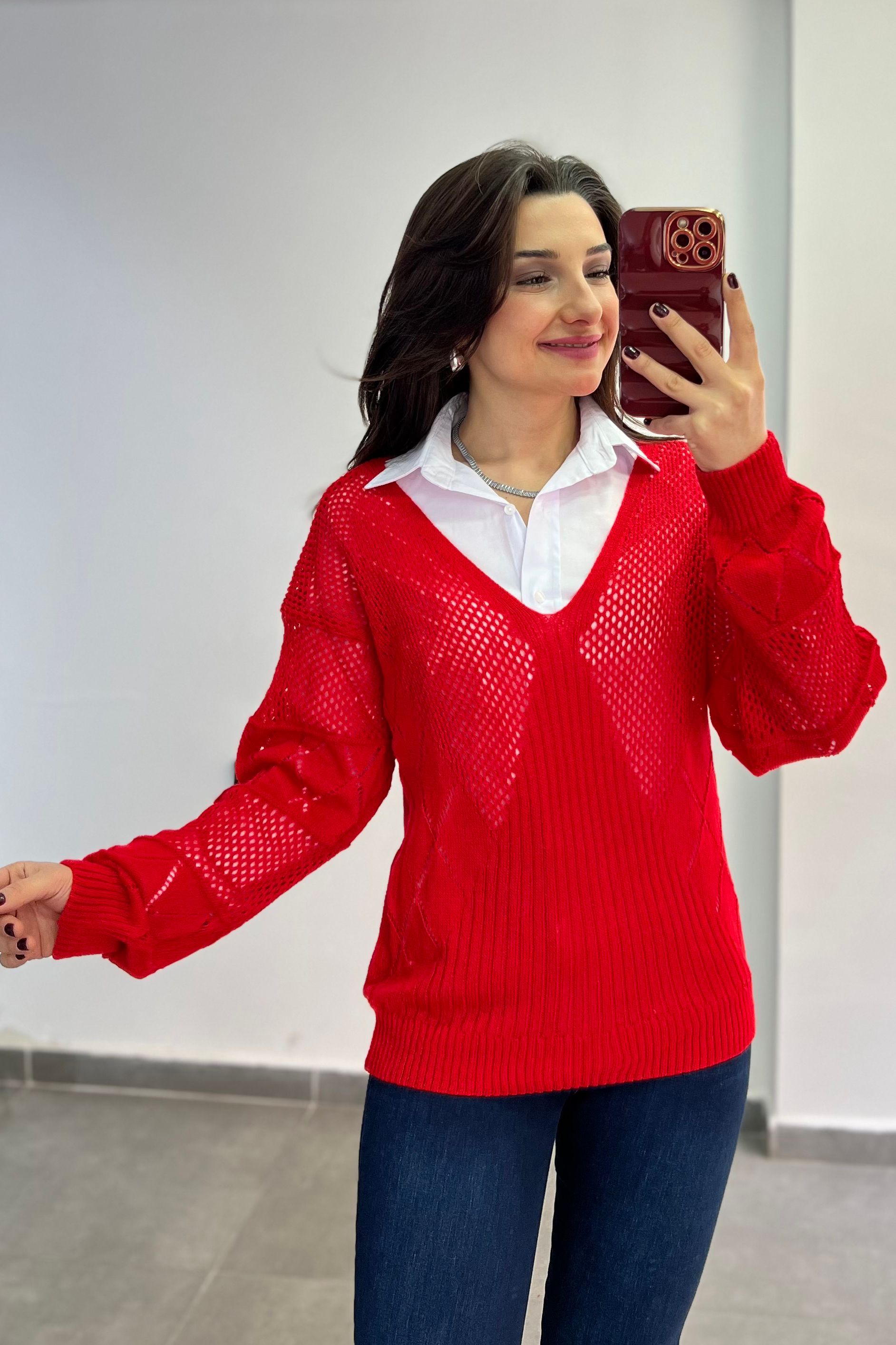 V Yaka Kafes Örgü Detaylı Merserize Triko - NAR ÇİÇEĞİ