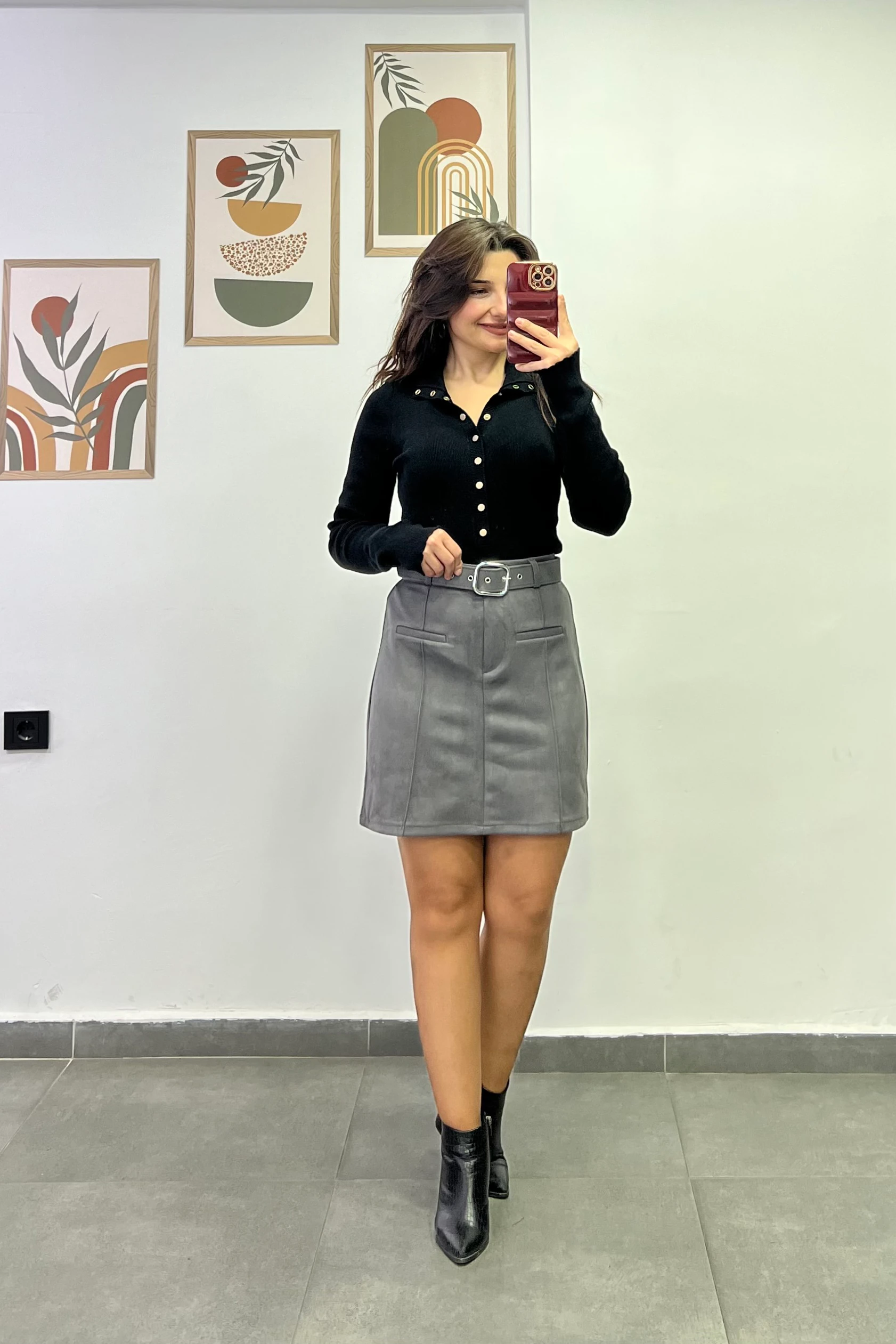 Ön Kısmı Çima Dikişli Cep Görünümlü Kemerli Nubuk Etek - ANTRASIT