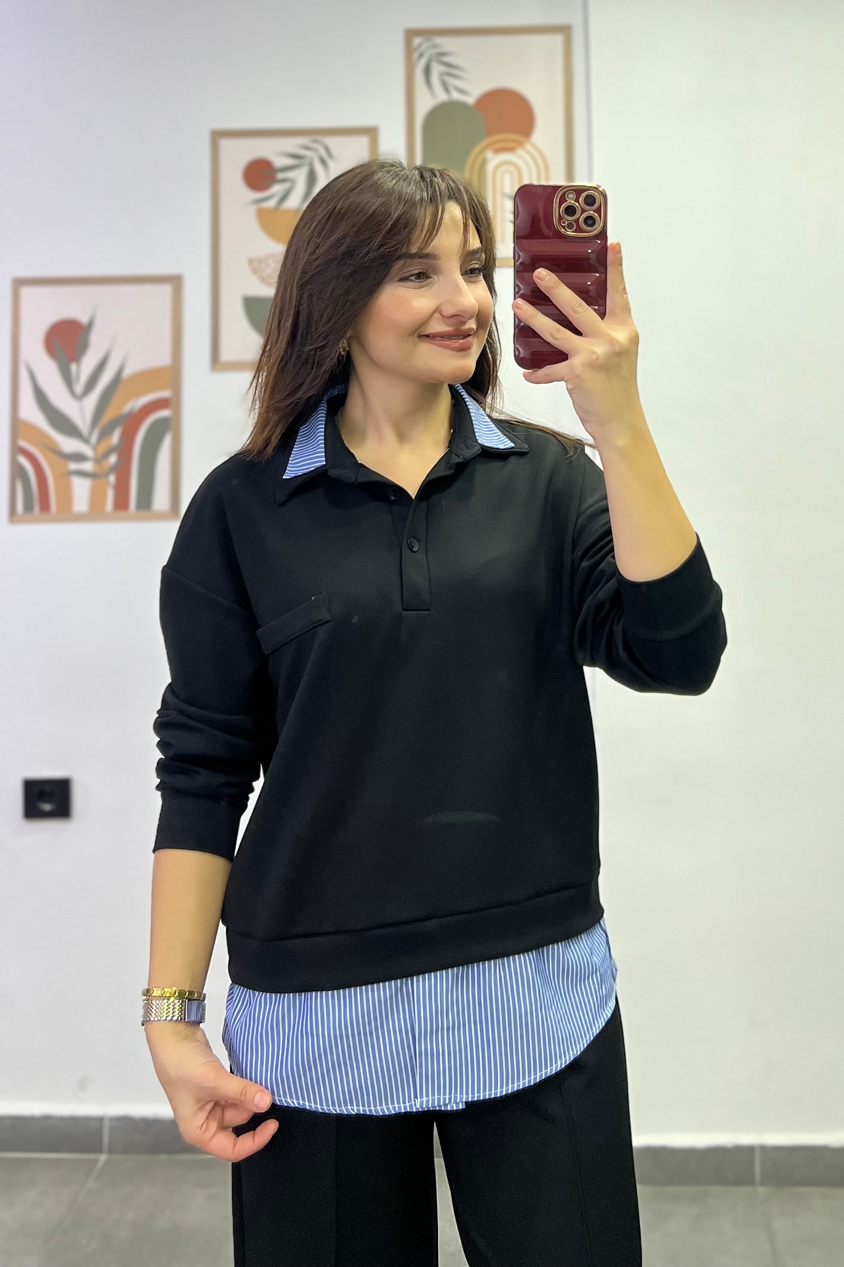 Polo Yaka Yakası Ve Bel Kısmı Gömlek Detaylı Pantolonu Cepli Ve Çima Dikişli Eşofman Takımı