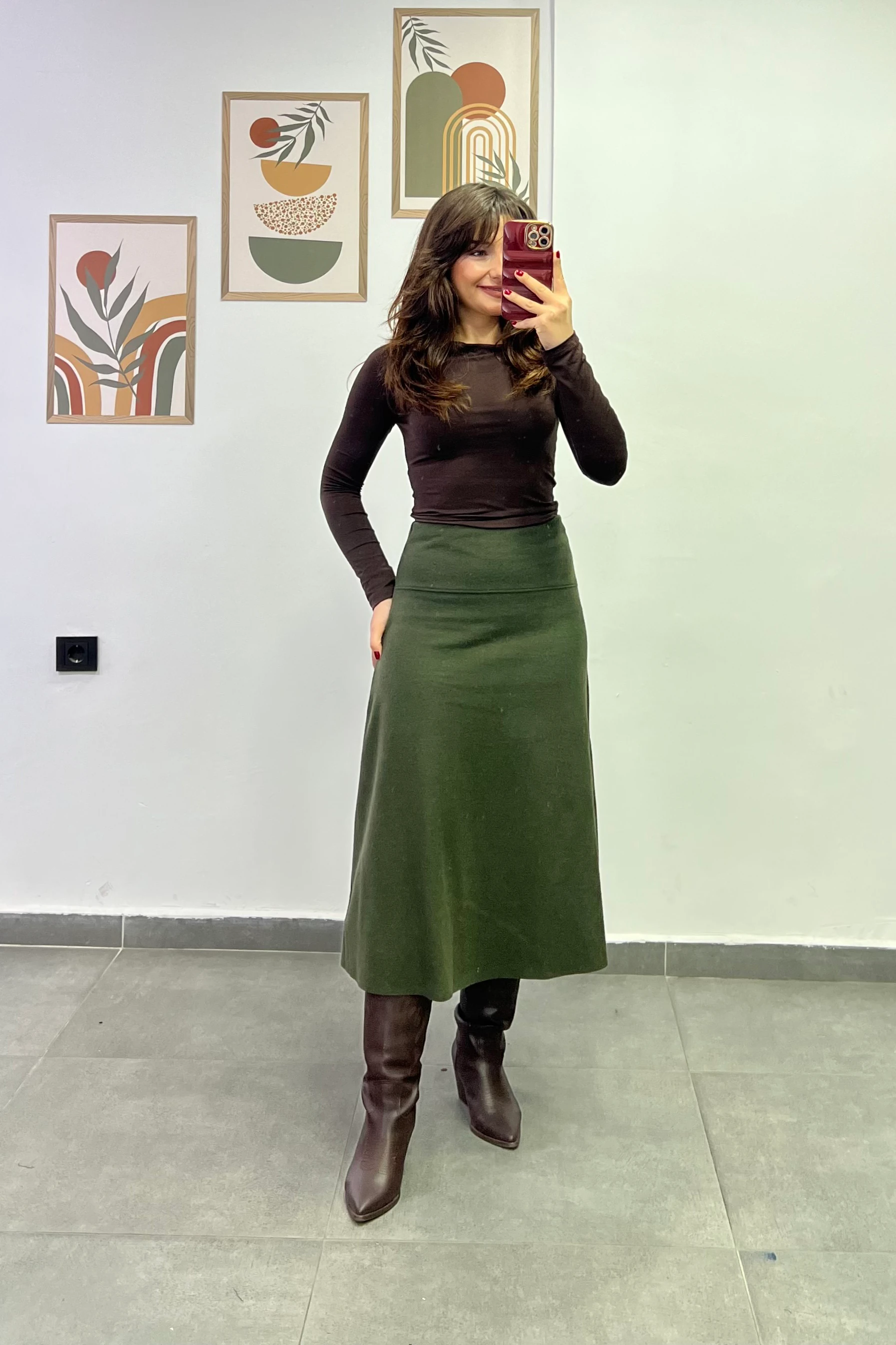 Beli Kalın Korsaj Detaylı Etek Ucu Kesik Selanik Kumaş Çan Etek - Haki