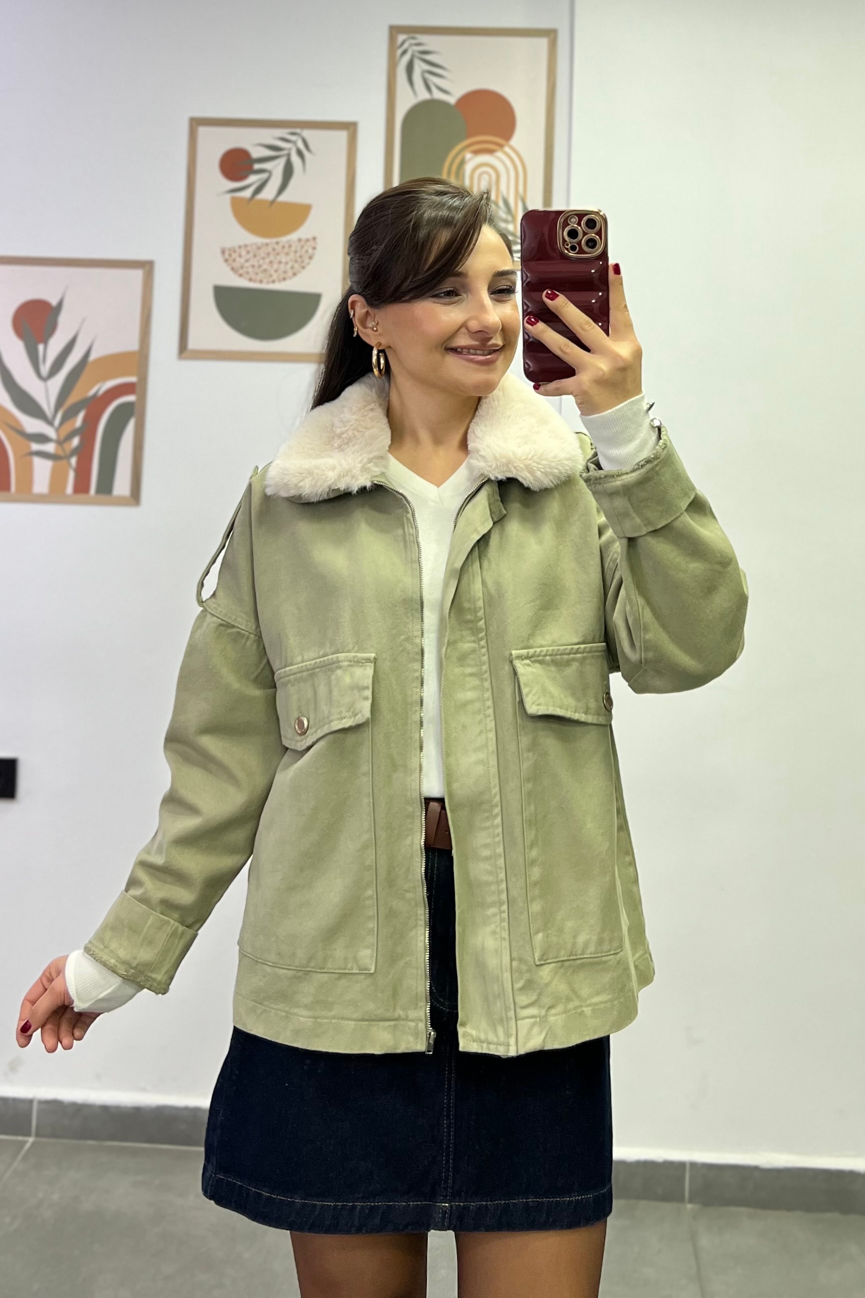 Yakası Sabit Kürk Detaylı Önü Kese Cepli Gabardin Ceket - Haki