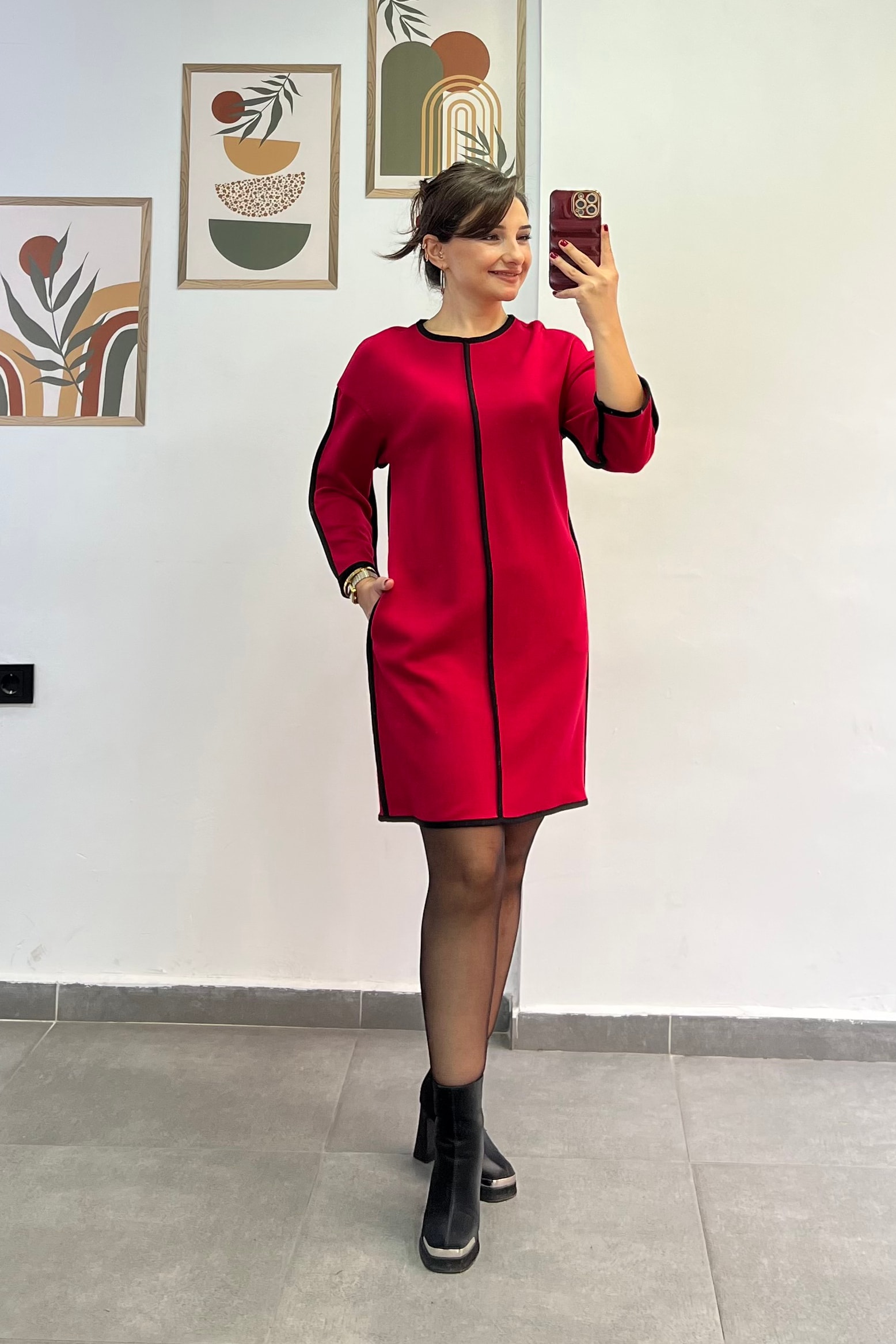 Siyah Biyeli Kemer Detaylı Truvakar Kol  Elbise