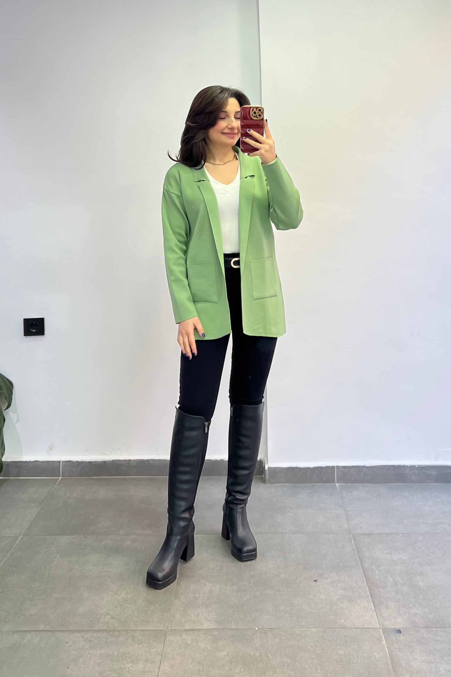 Gömlek Yaka Yanları Cepli Çelik Triko Hırka - YESIL