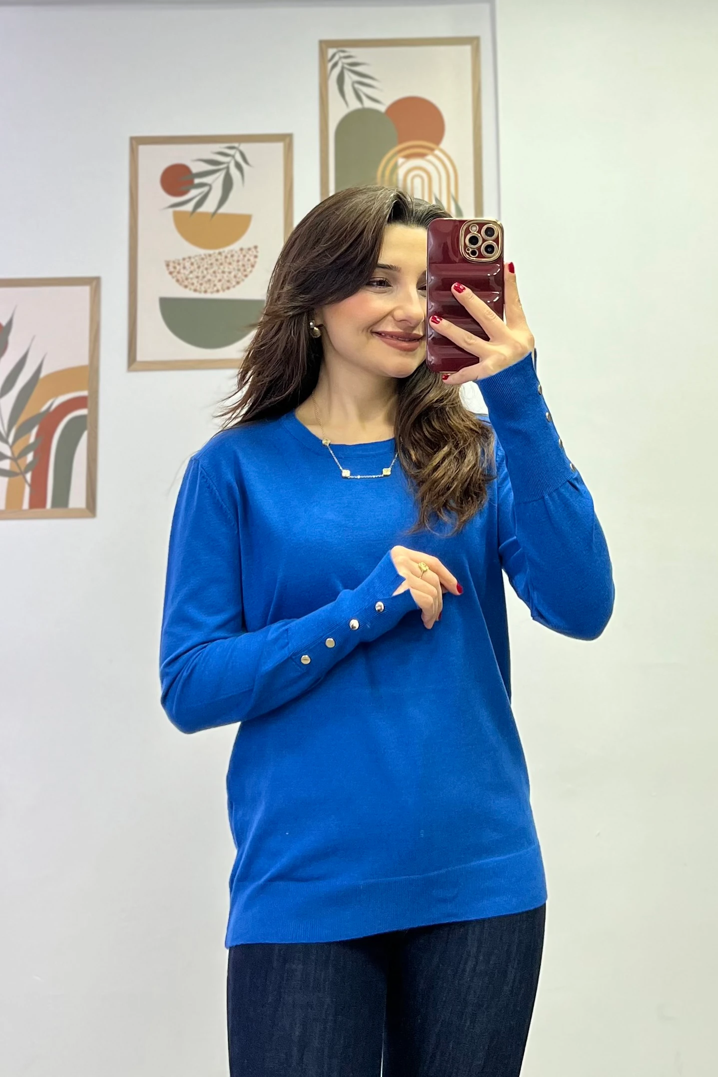 Kol Manşeti Gold Düğme Ve Yırtmaç Detaylı Triko - SAKS MAVİSİ