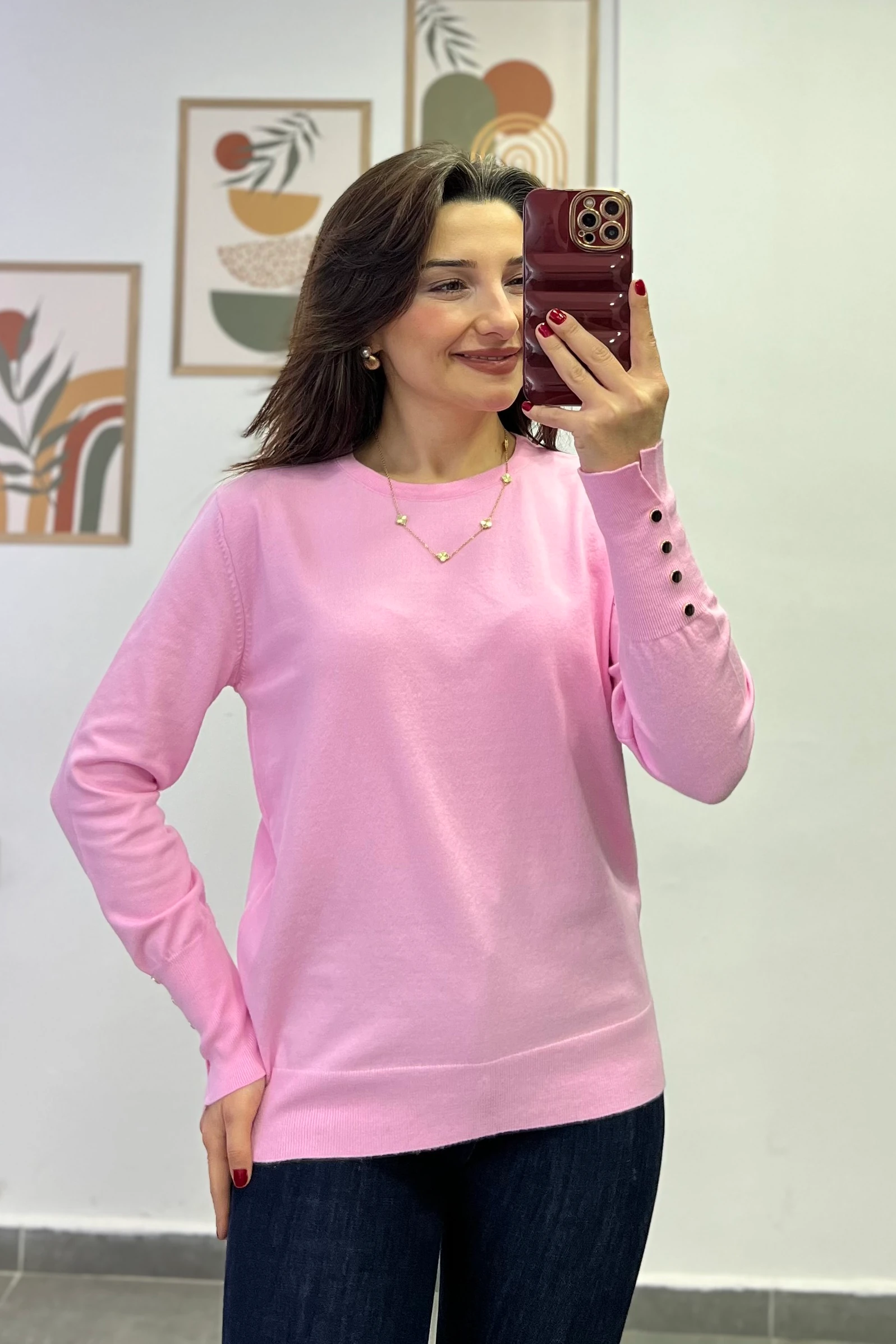 Kol Manşeti Gold Düğme Ve Yırtmaç Detaylı Triko - PEMBE