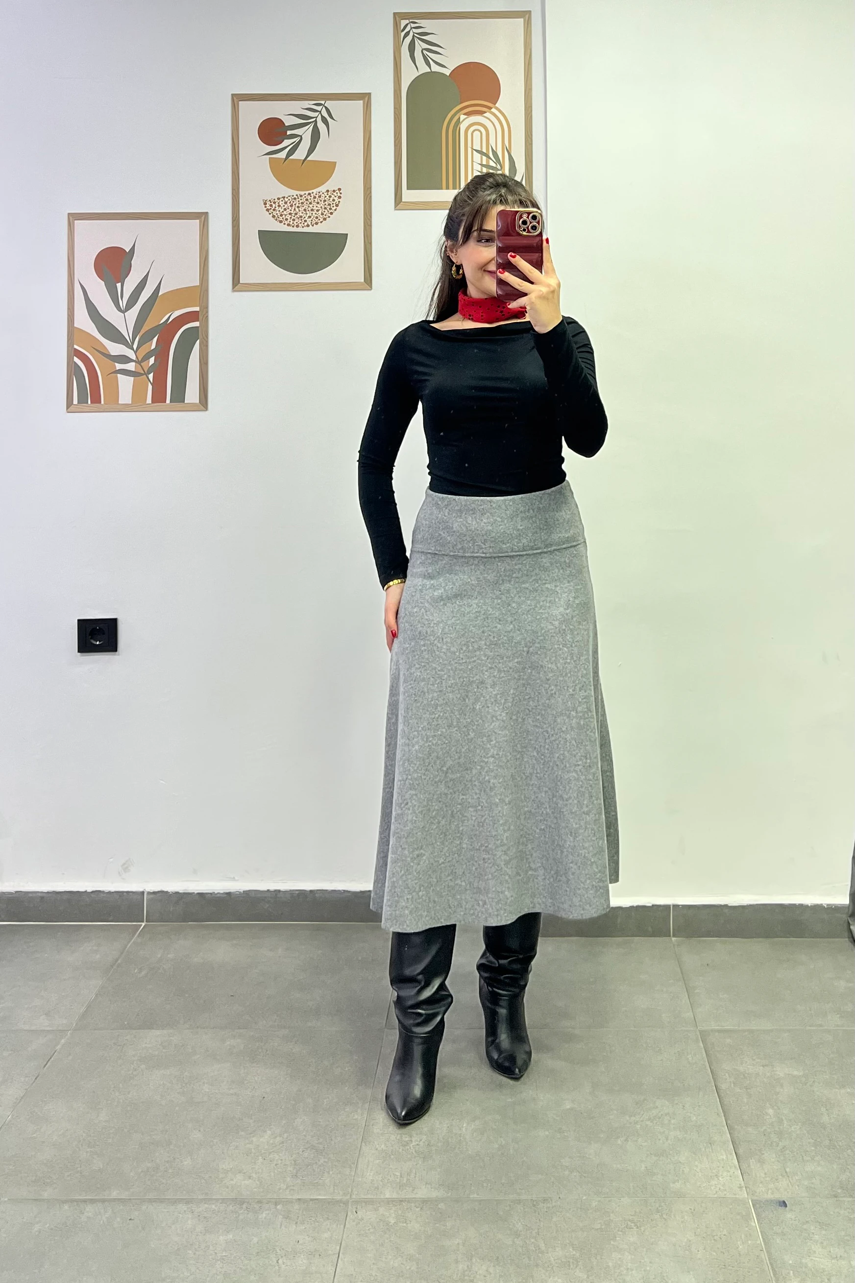 Beli Kalın Korsaj Detaylı Etek Ucu Kesik Selanik Kumaş Çan Etek - AÇIK GRİ