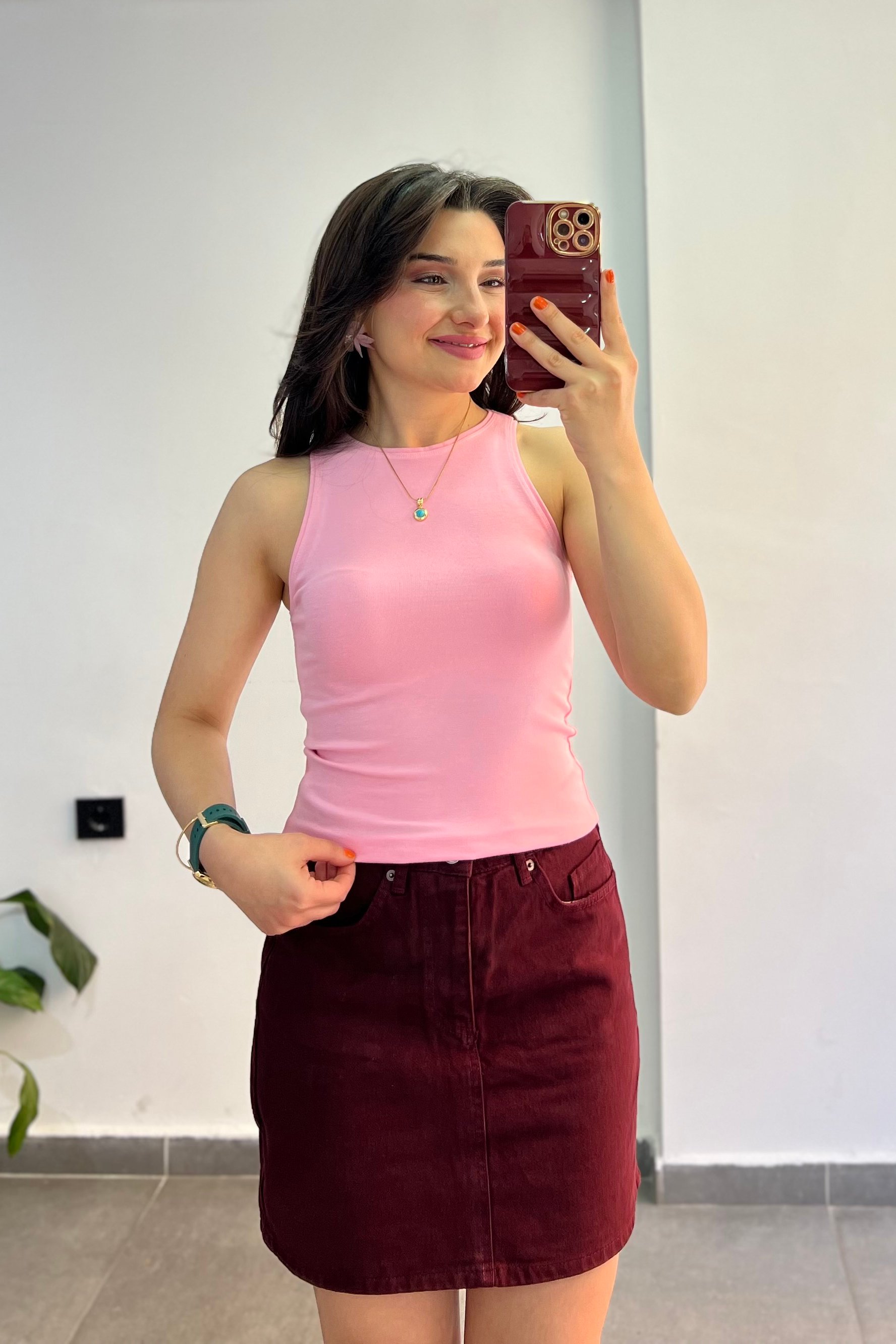 Bisiklet Yaka Halter Kol Modal Atlet - PEMBE