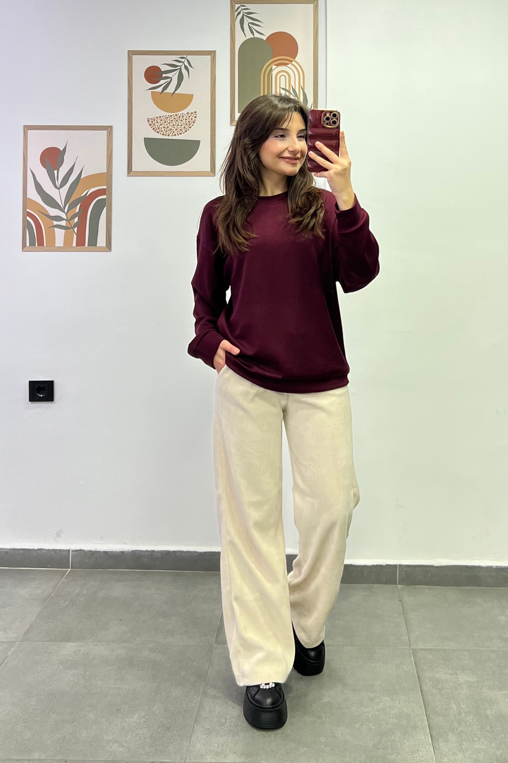 Sotf Touch Düz Basic Sweatshırt - BORDO