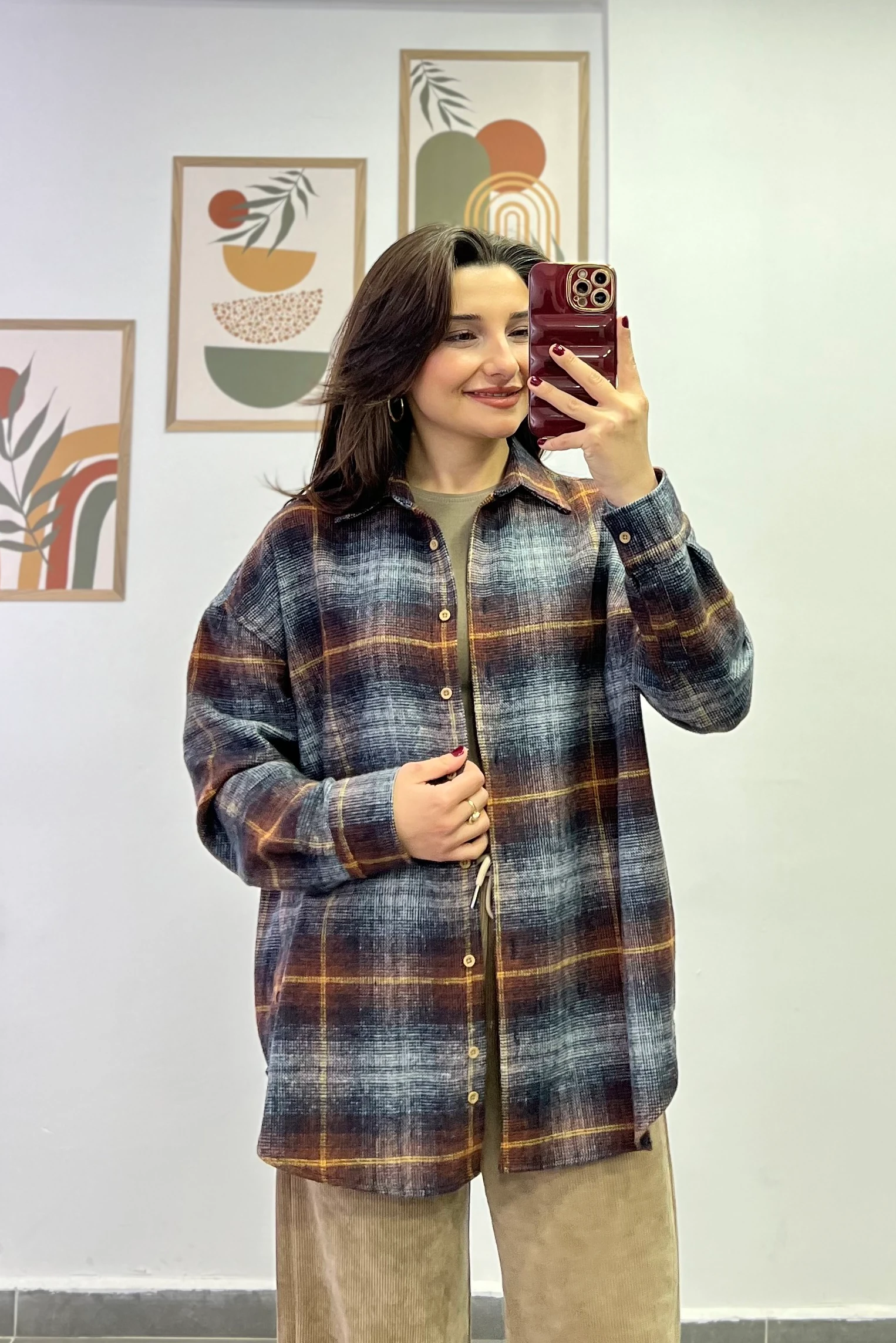 Ekoseli Önü Kısa Arkası Uzun Oduncu Gömlek - KAHVERENGİ