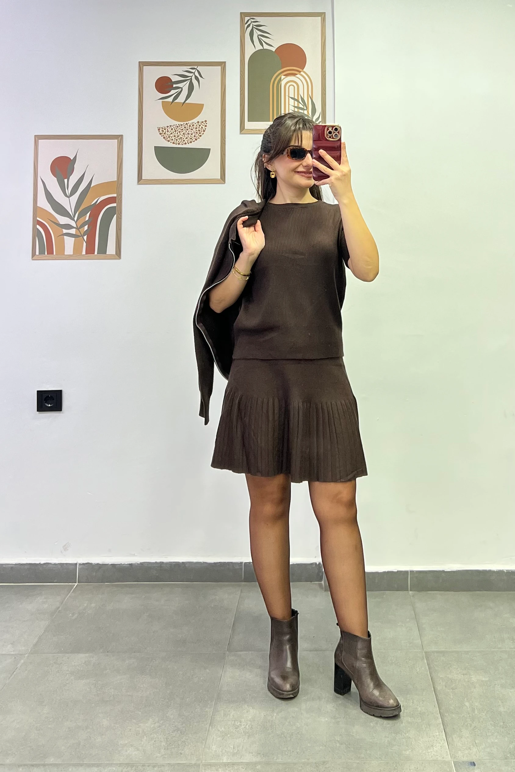 İçi Kısa Kollu Üzeri Fermuarlı Hırka Detaylı Etekli Triko Üçlü Takım