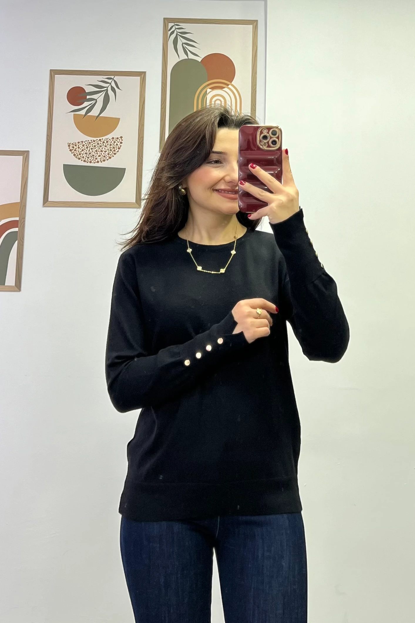 Kol Manşeti Gold Düğme Ve Yırtmaç Detaylı Triko - Siyah