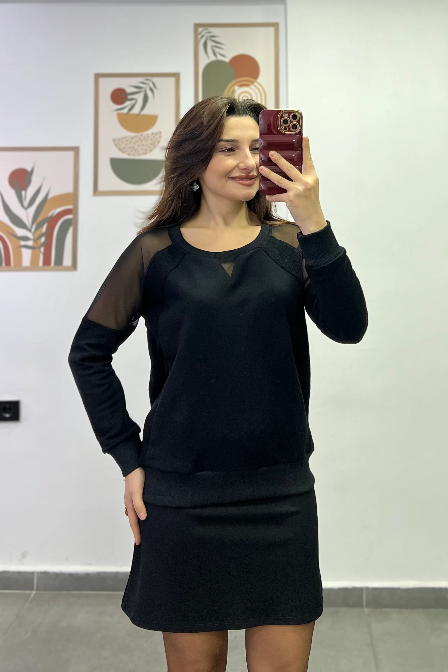 İki Yanı Ribanalı Omuzları Tül Detaylı Sweatshirt - Siyah