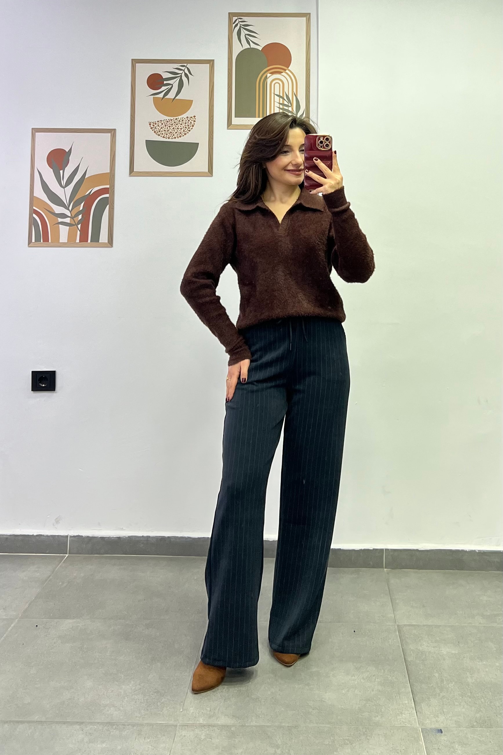 Beli Lastikli Cep Detaylı Çizgili Modal Kumaş Pantolon - ANTRASIT