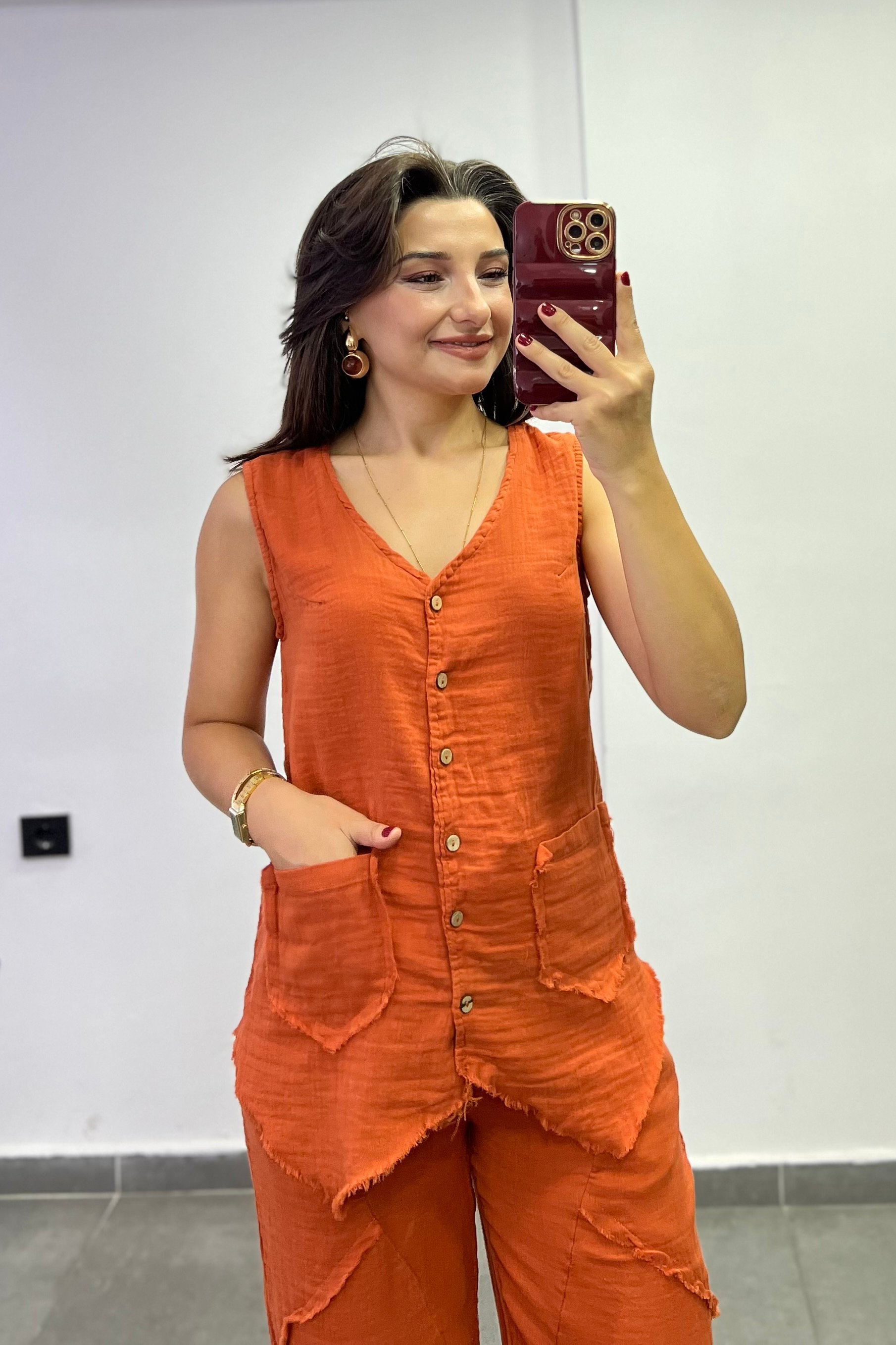 Beli Lastikli Cep Ve Dikiş Detaylı Müslin Kumaş Pantolon