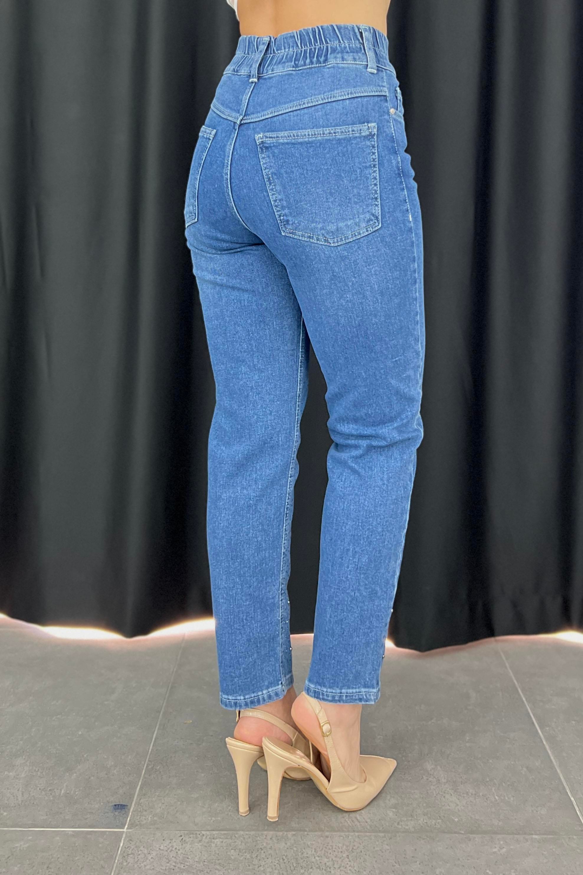 Paçası Taşlı Ve Beli Lastikli Mom Fit Kalıp Jean Mavi