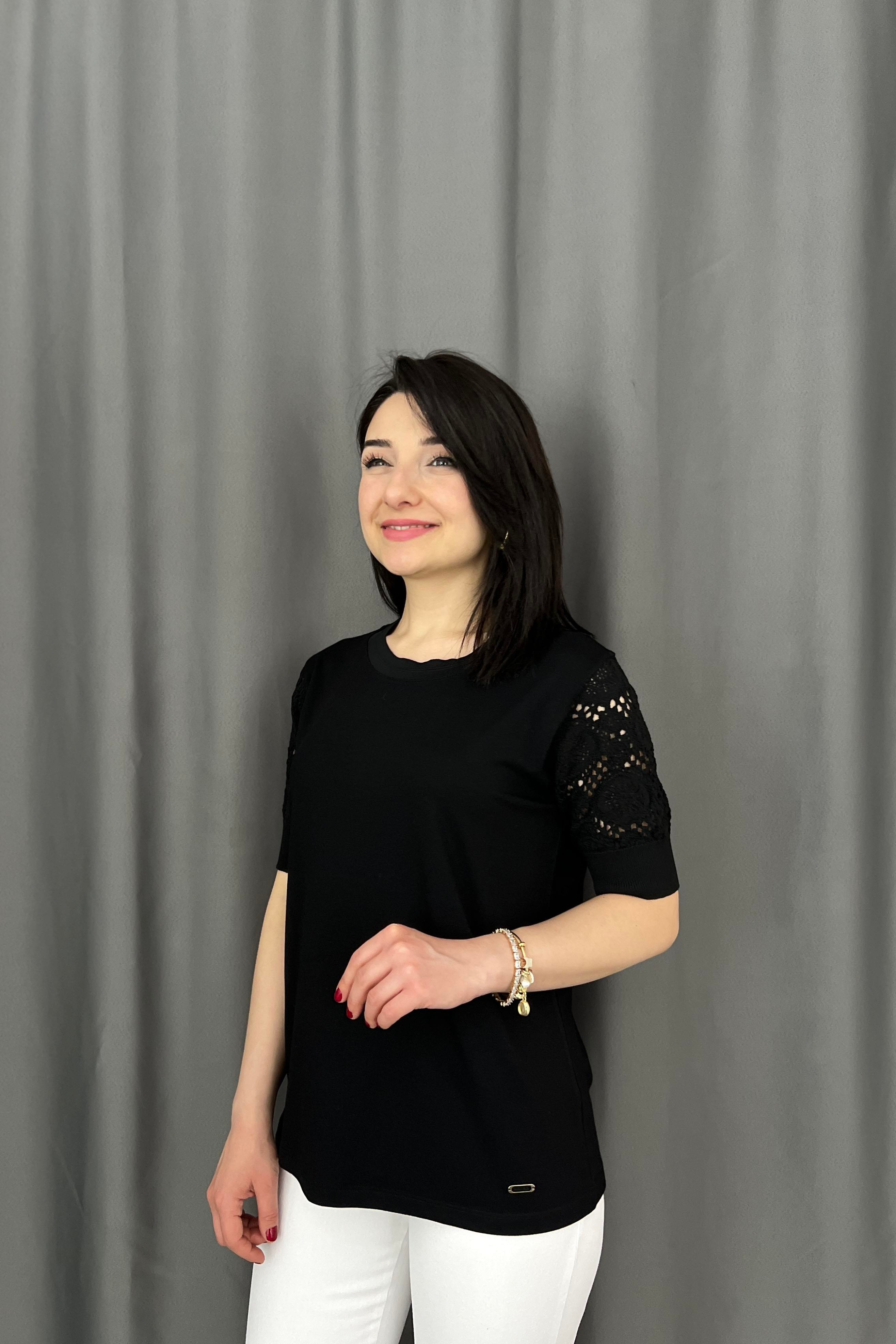 Kolları Triko Detaylı Penye Bluz Siyah