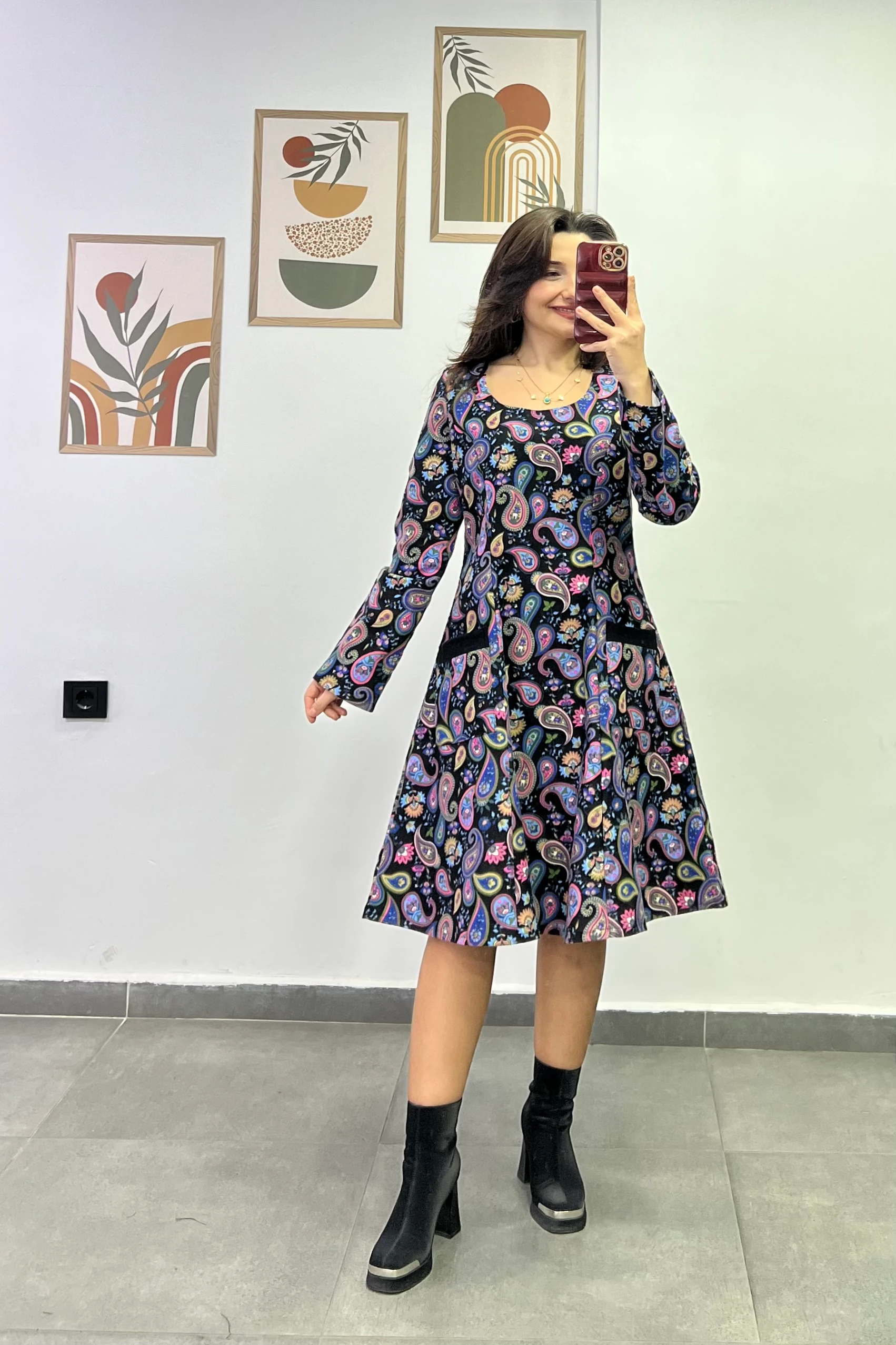 Oval Yaka Yanları Cep Detaylı Pazen Kumaş Çan Ebise - PEMBE MAVİ