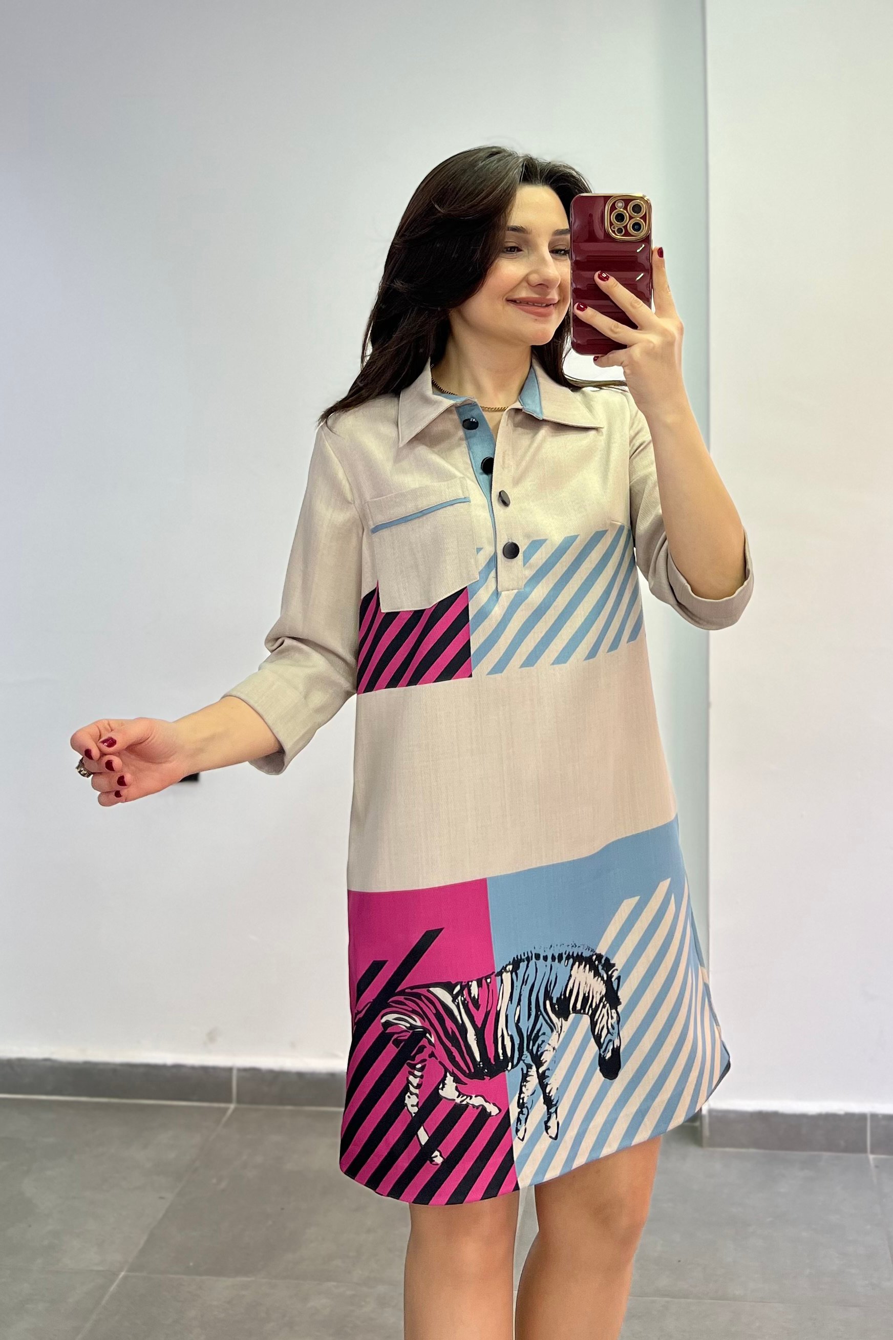 Polo Yaka Çizgili Şerit Zebra Desenli Tek Posta Cep Truvakar Kol Elbise