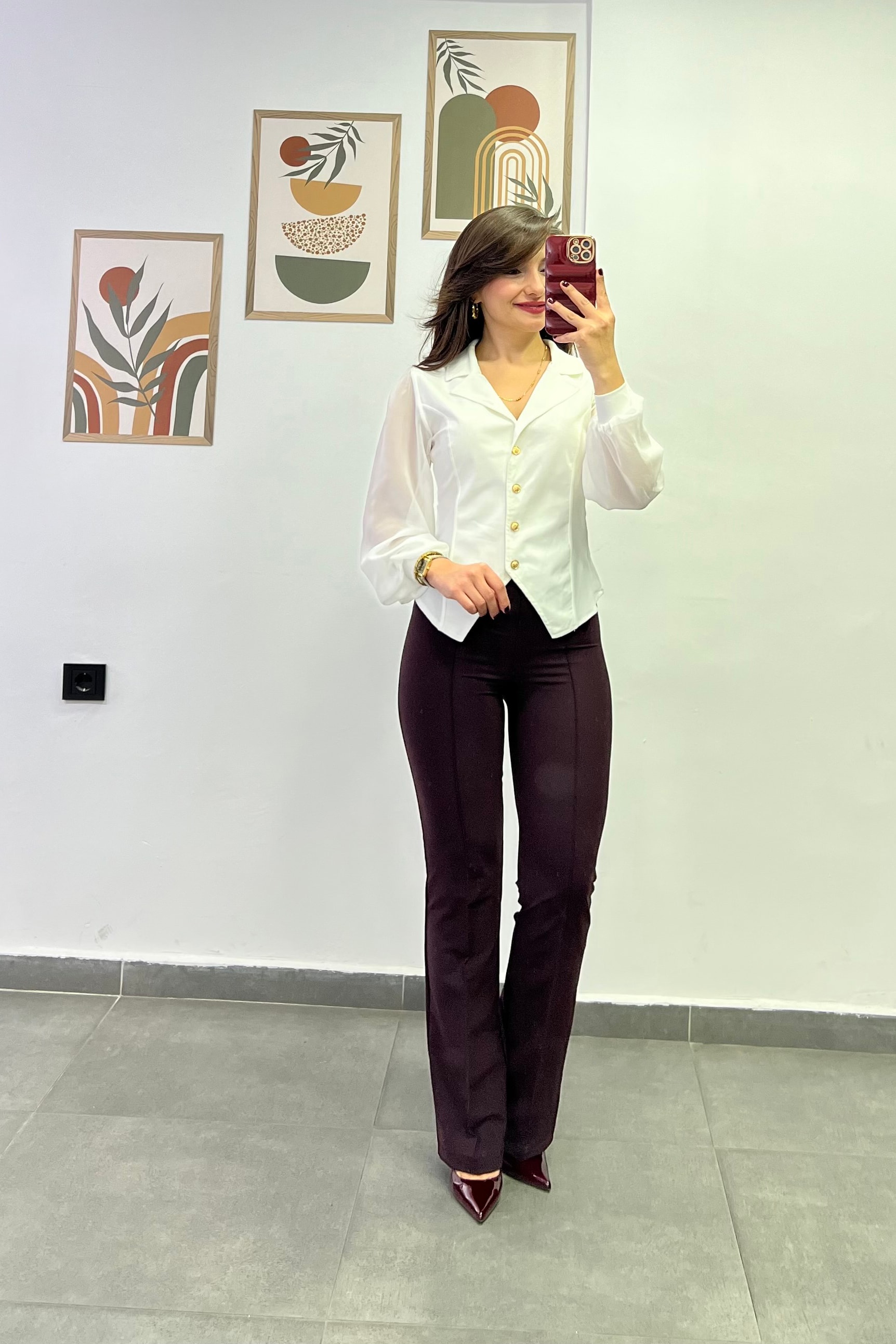 Yandan Fermuar Detaylı Önü Çima Dikişli Hafif İspanyol Paça Toparlayıcı Scuba Kumaş Pantolon - BORDO