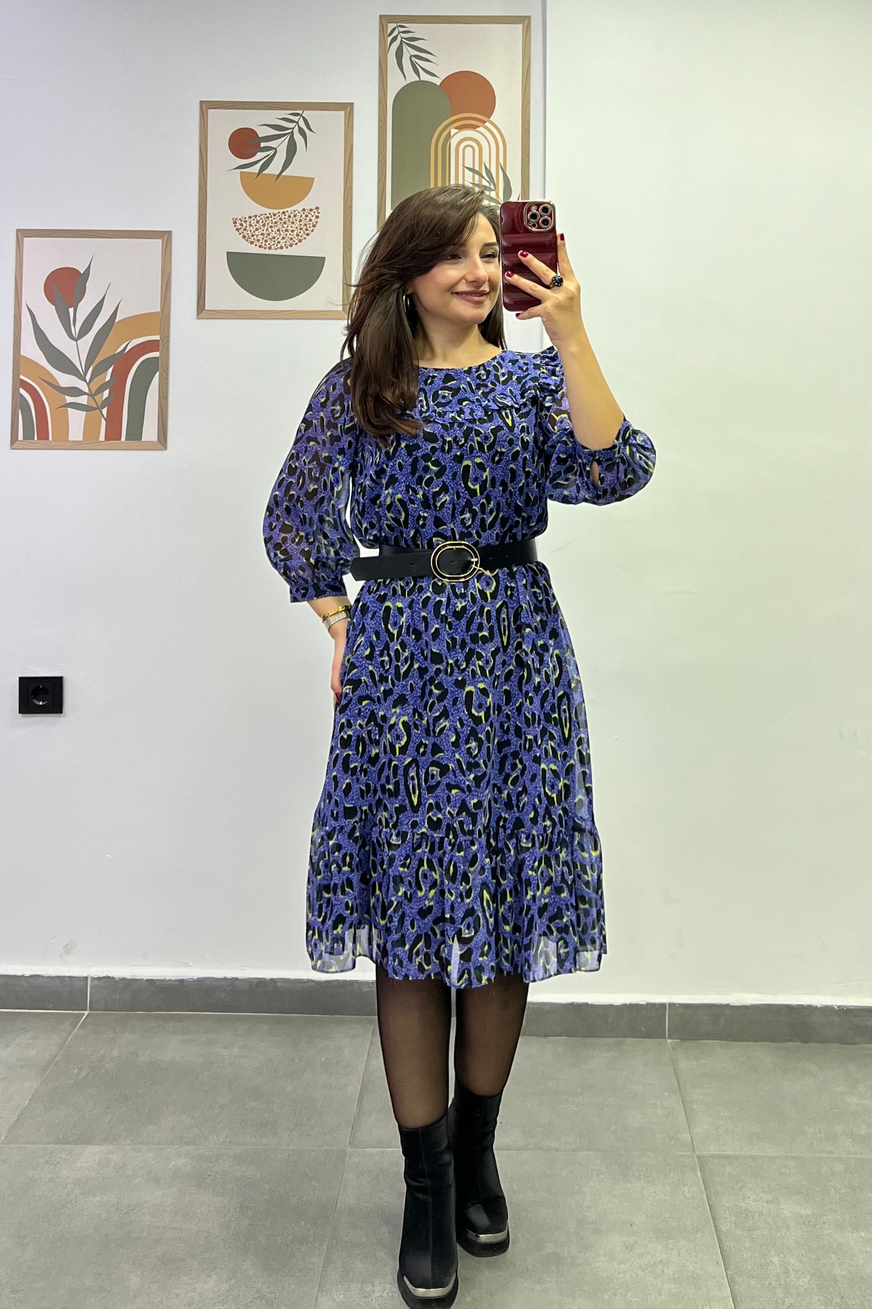 Etek Ucu Volanlı Sırtı Pencere Ve Bağlama Detaylı Kemerli Astarlı Şifon Elbise