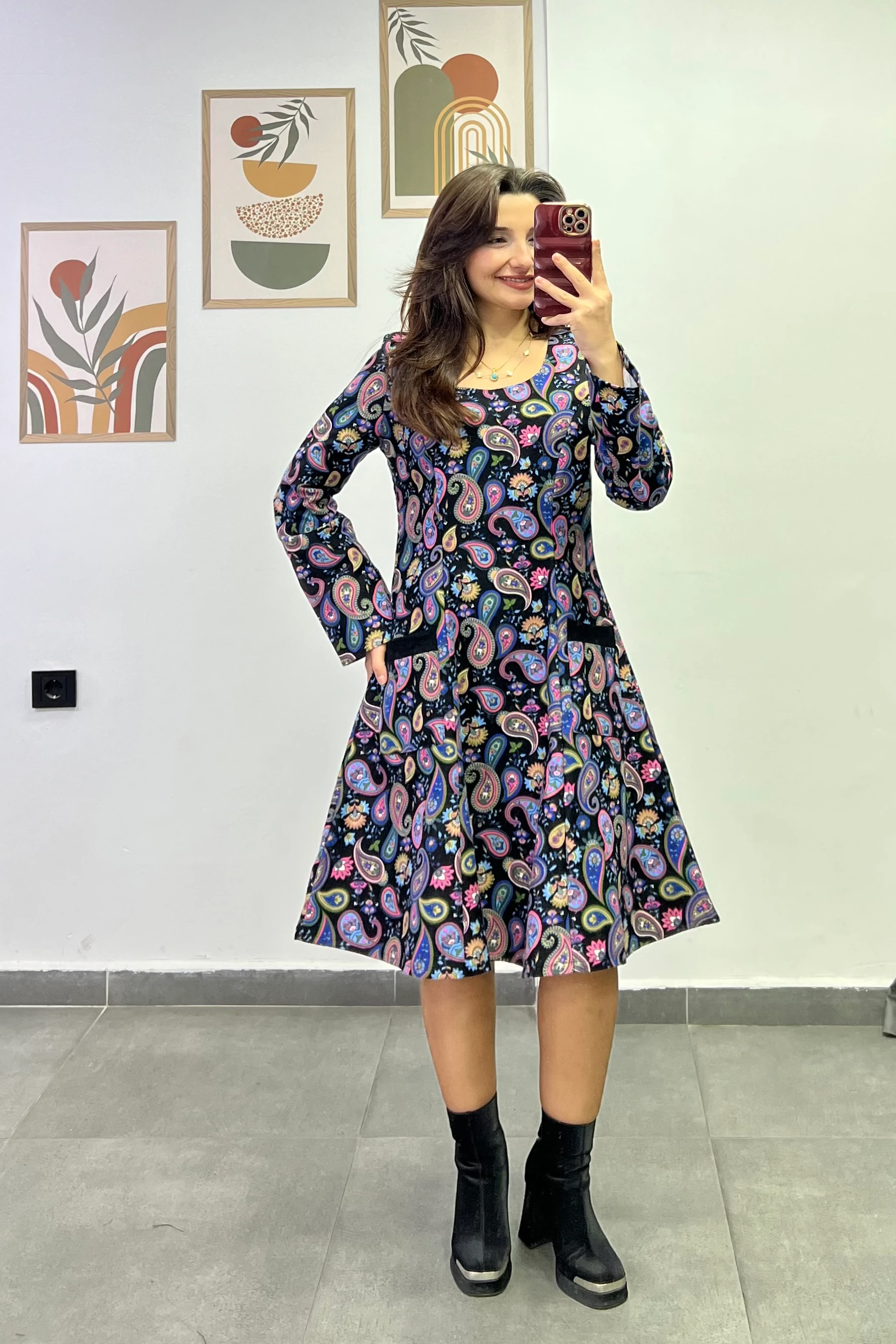 Oval Yaka Yanları Cep Detaylı Pazen Kumaş Çan Ebise - PEMBE MAVİ