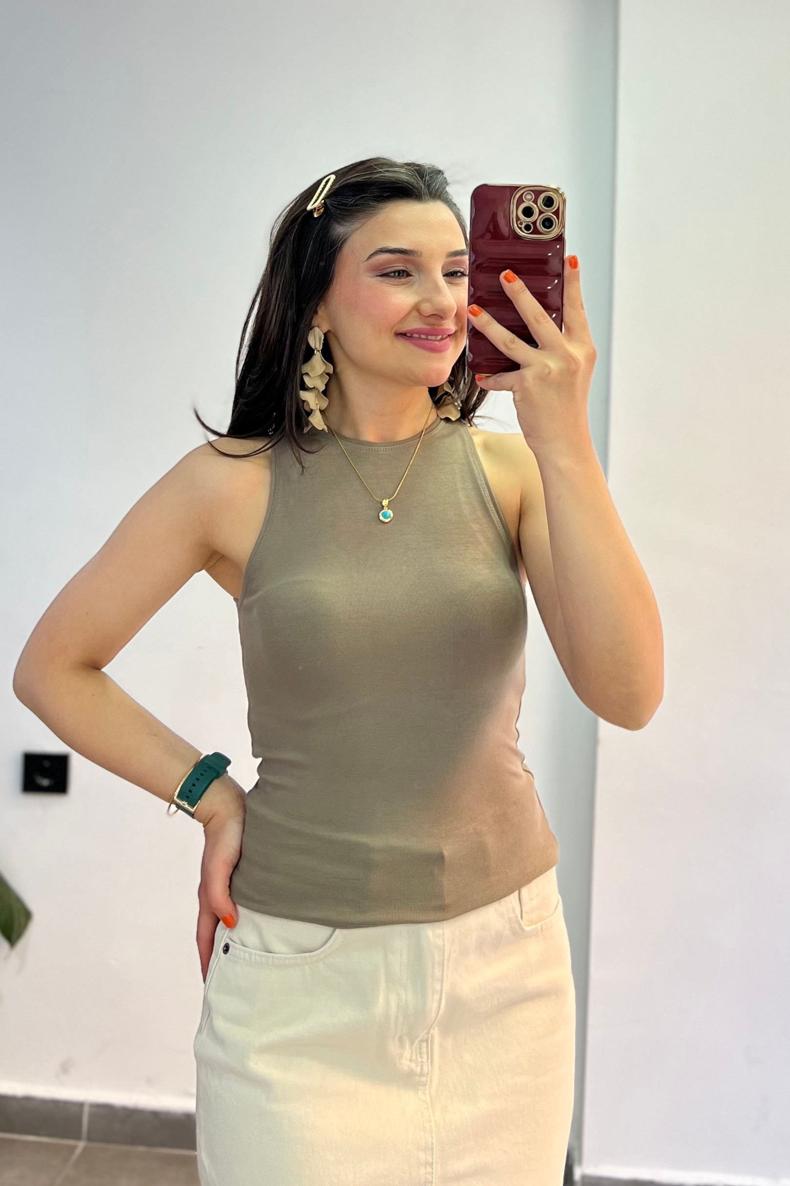 Bisiklet Yaka Halter Kol Modal Atlet - VİZON