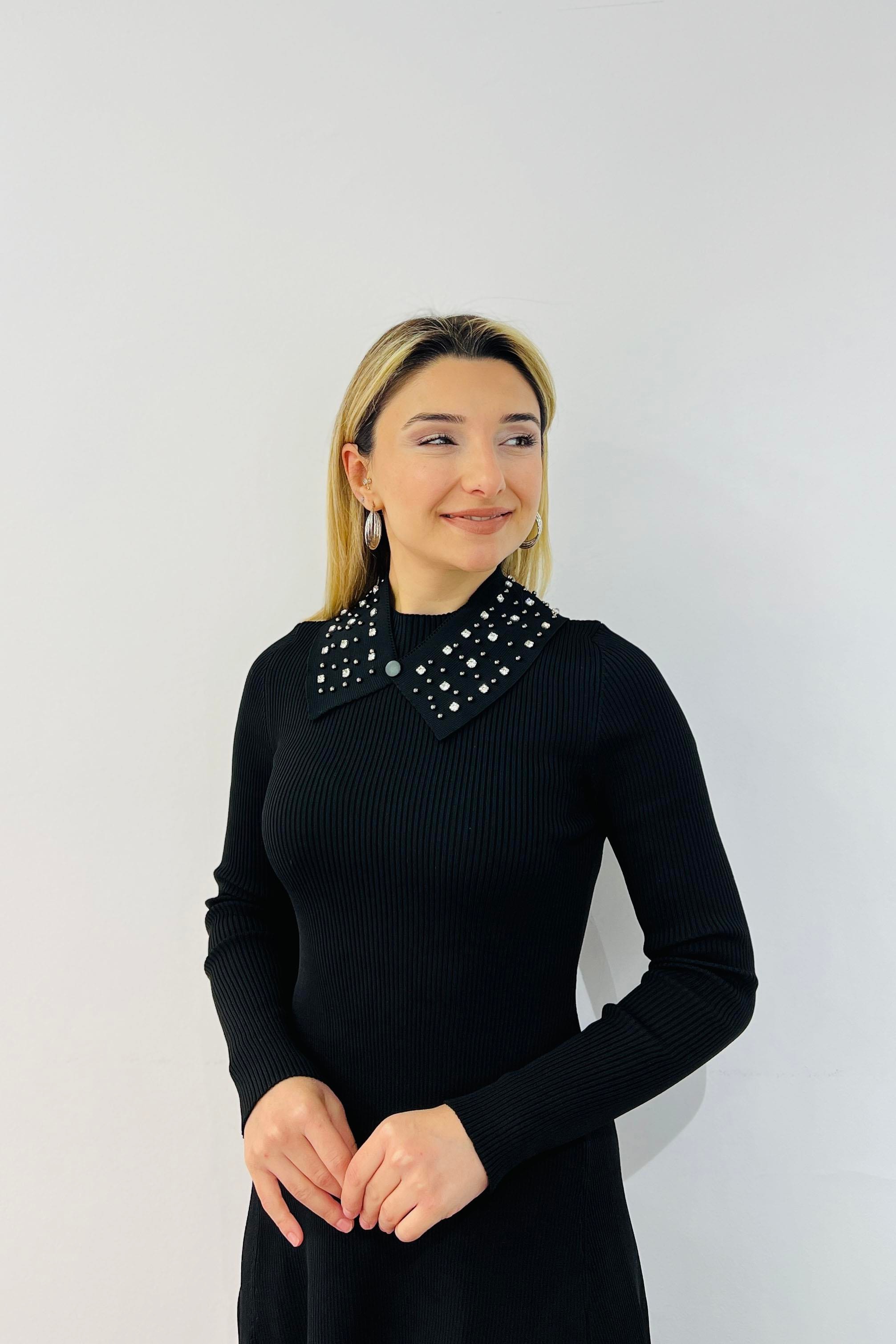 Taşlı Seyyar Yakalı Kloş Model Fitilli Triko Elbise