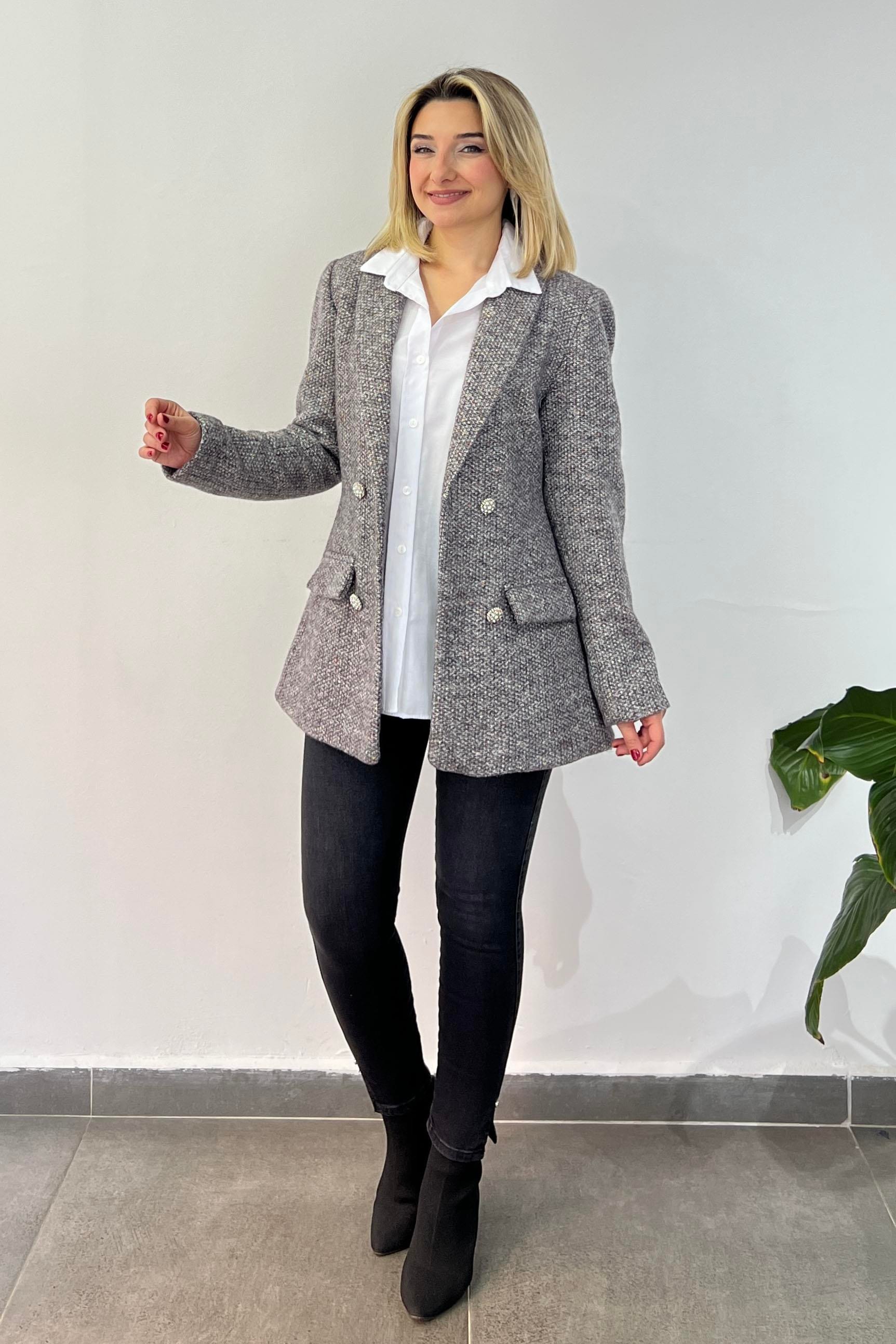 Kırçıllı Taş Düğmeli Kaşe Blazer Ceket