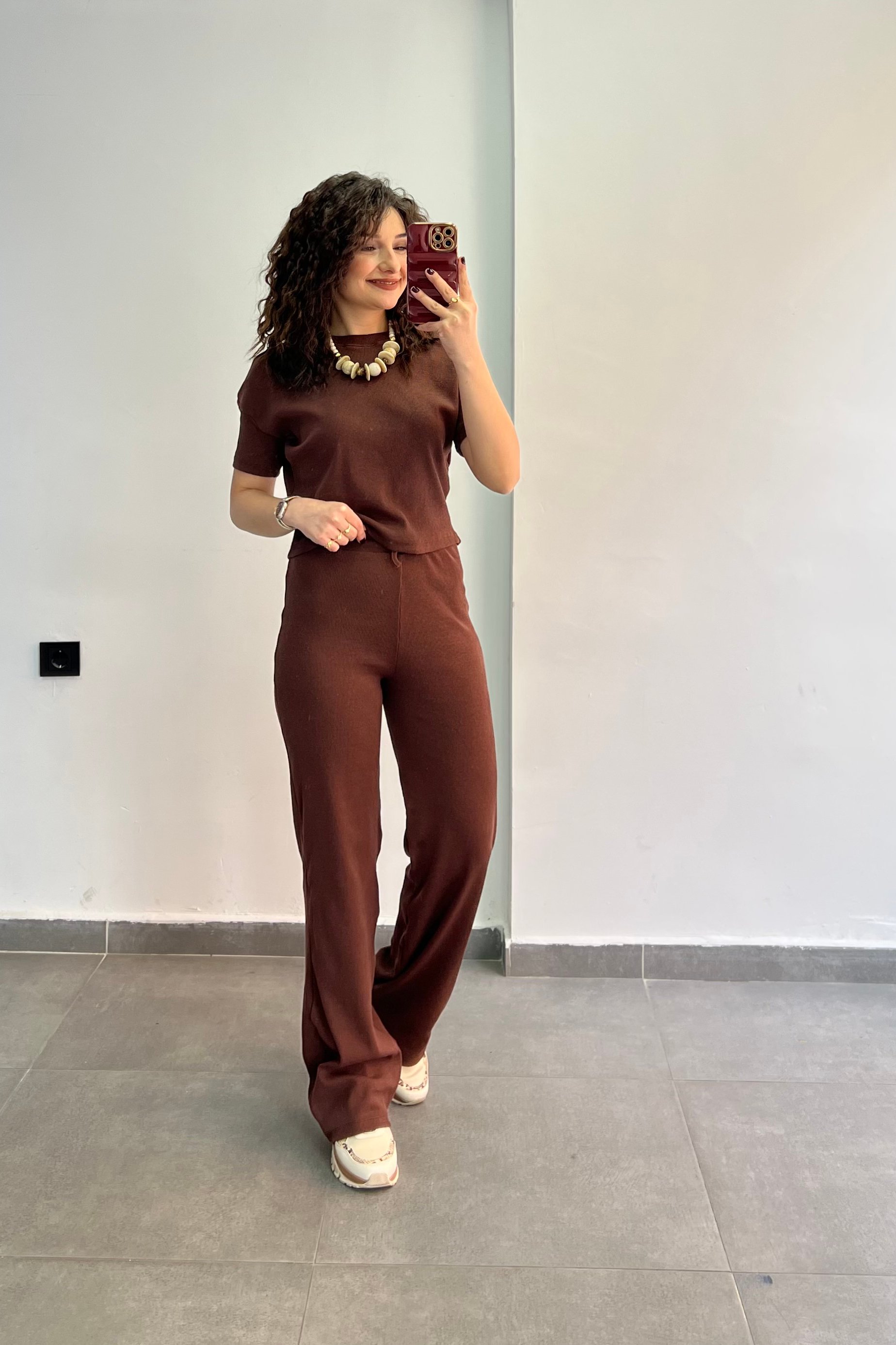 Bisiklet Yaka Beli Bağlamalı Fitilli Kumaş İkili Takım - KAHVERENGI