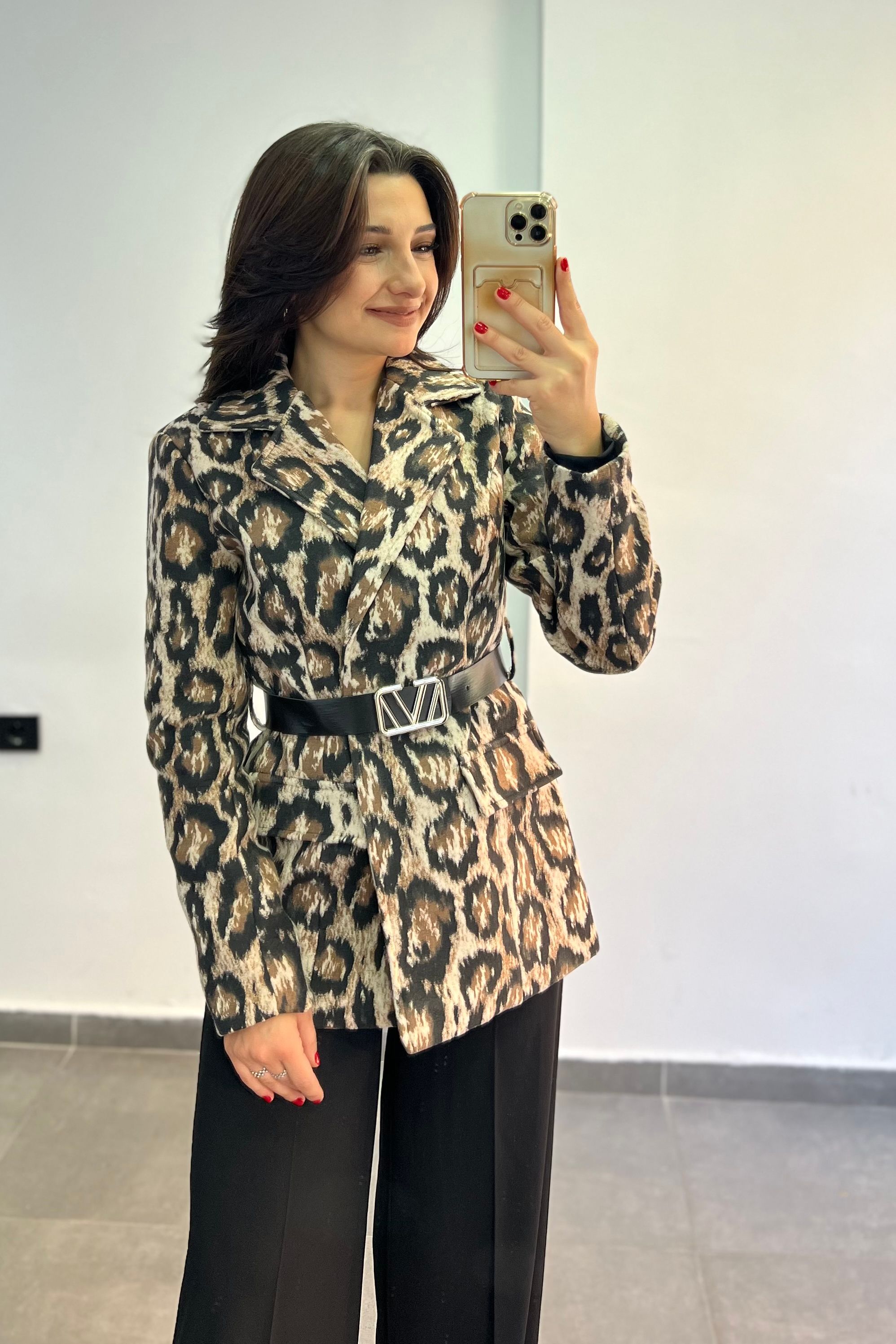 İri Leopar Desenli Cep Görünümlü Kemer Detaylı Kaşe  Blazer Ceket - LEOPAR DESENLİ