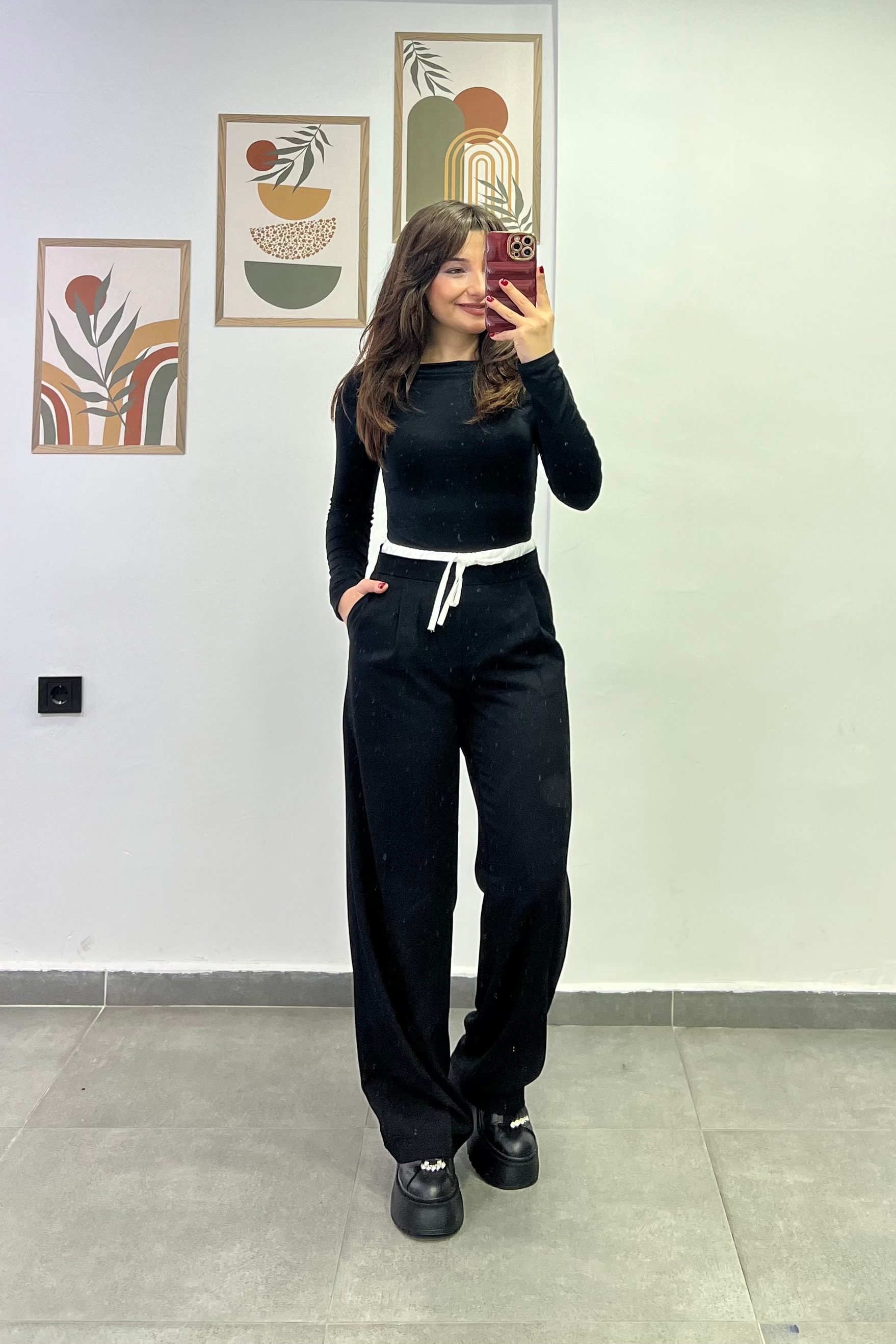 Bel Kısmı Lastikli Çift Kemer Detaylı Cepli Palazzo Kumaş Pantolon - BEJ