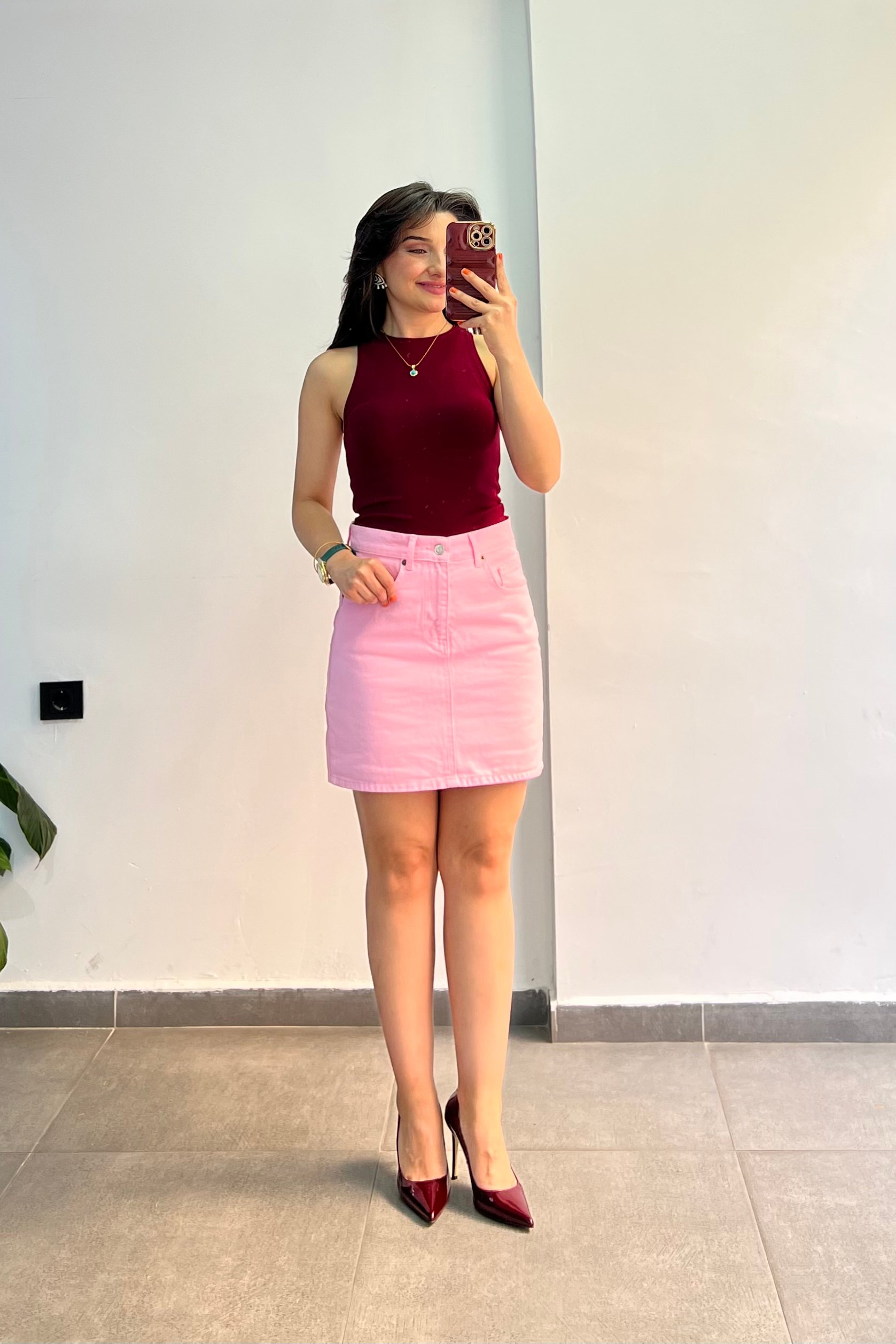 Cep Detaylı Diz Üstü Mini Etek - PEMBE