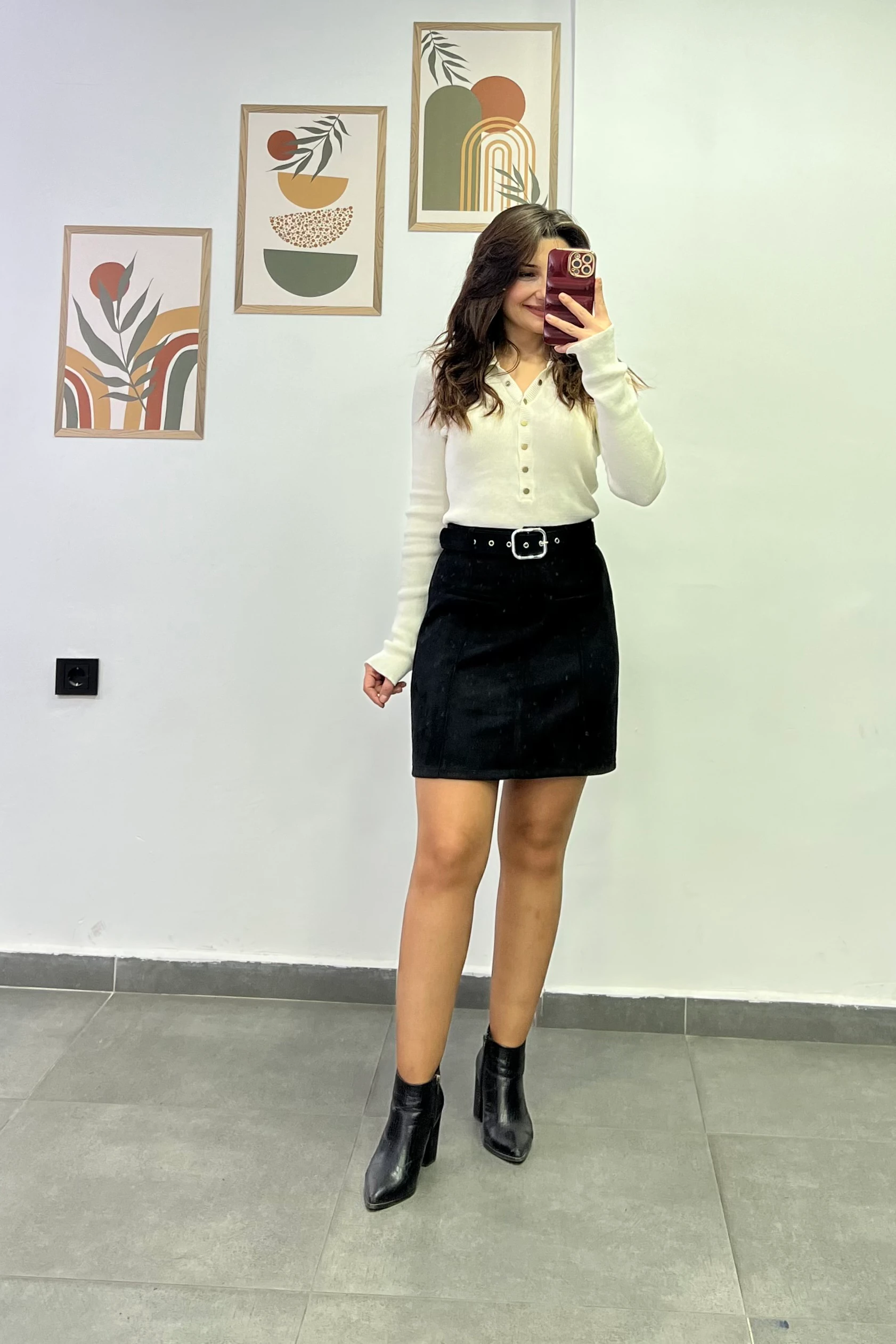 Ön Kısmı Çima Dikişli Cep Görünümlü Kemerli Nubuk Etek - Siyah