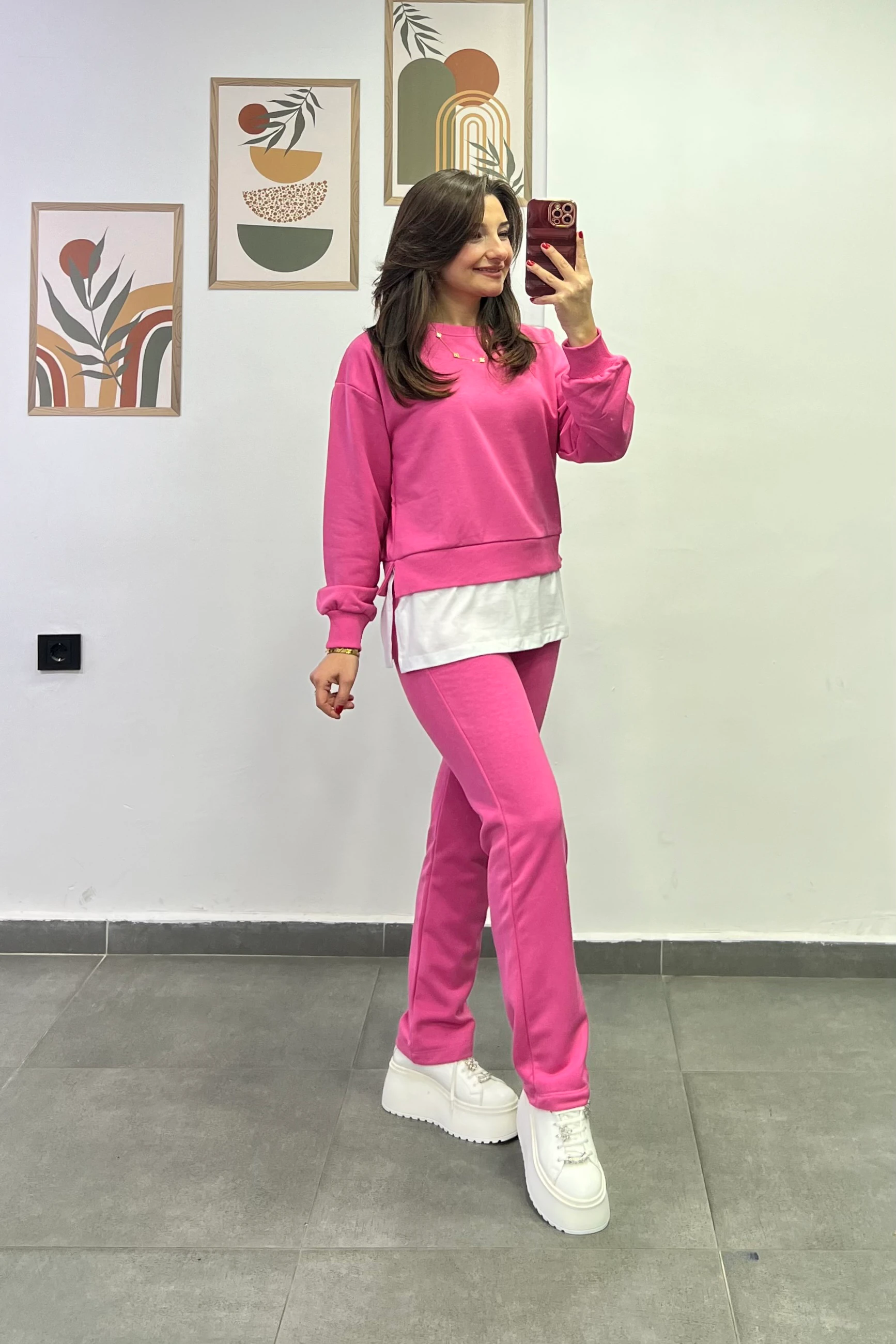 Alt Bel Kısmı Tshırt Detaylı Pantolon Beli Lastikli Ve Cepli Eşofman Takımı - PEMBE