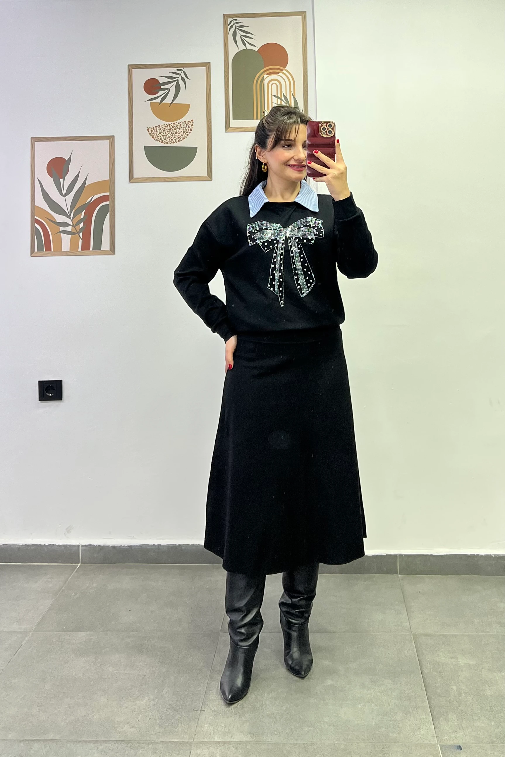 Beli Kalın Korsaj Detaylı Etek Ucu Kesik Selanik Kumaş Çan Etek - SİYAH